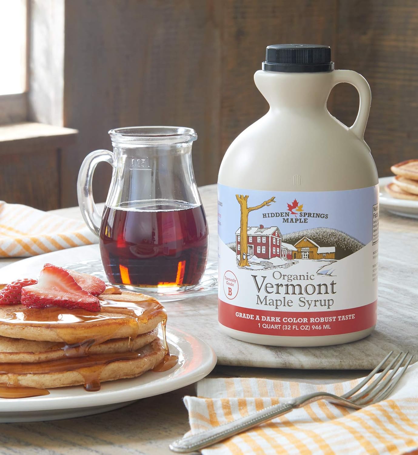 Hidden Springs Maple Organic Vermont Maple Syrup, Grade A Dark Robust (Formerly Grade B), 32 Ounce, 1 Quart, Family Farms, BPA-free Jug