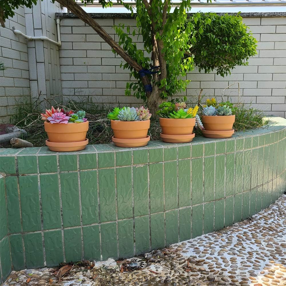 Yishang 6 Inch Terracotta Shallow Planters with Saucer/Tray, Ceramic Flower Clay Plant Pots with Drainage Hole