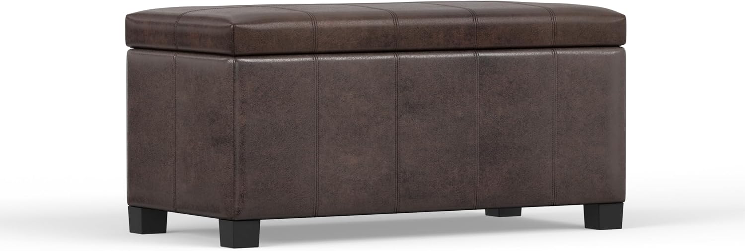 SIMPLIHOME Dover 36" Wide Vegan Leather Storage Ottoman in Midnight Black | Distressed umber brown, contemporary ottoman with lift-top and safety hinges; rectangle storage bench for living room.