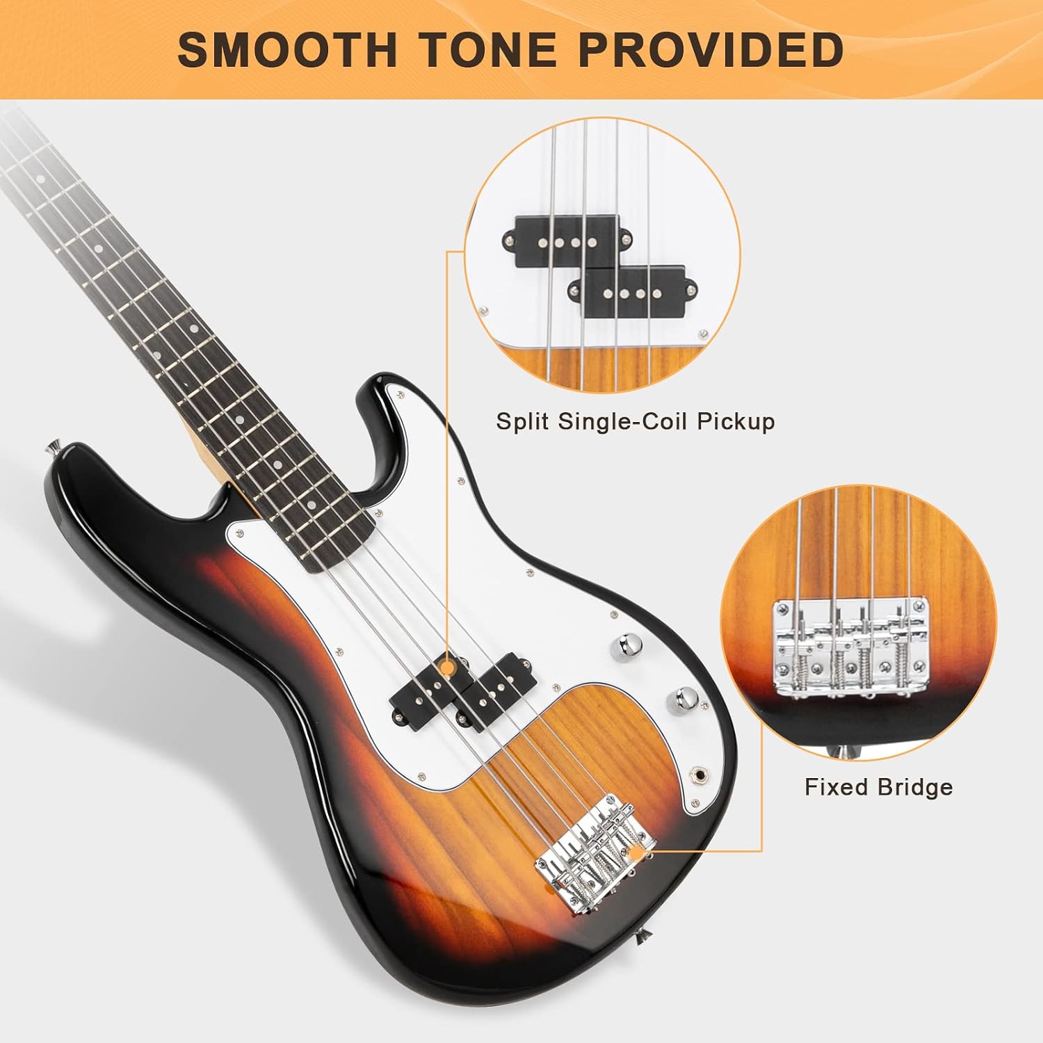 GLARRY Full Size Electric Bass Guitar Beginner Kit 4 String Exquisite Basswood Bass with 20W AMP, Cable, Strap, Bag and Accessories (Transparent Blue, 39"Right Handed)