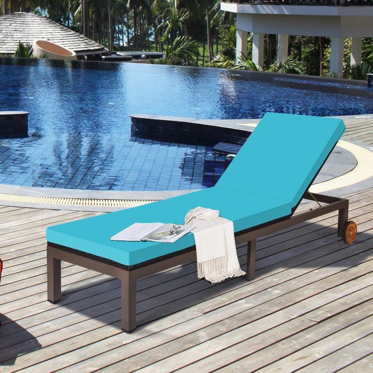 Tangkula Patio Chaise Lounge Chair, Outdoor Rattan Lounger Recliner Chair with Wheels, Wicker Chaise Chair W/Cushioned Seating