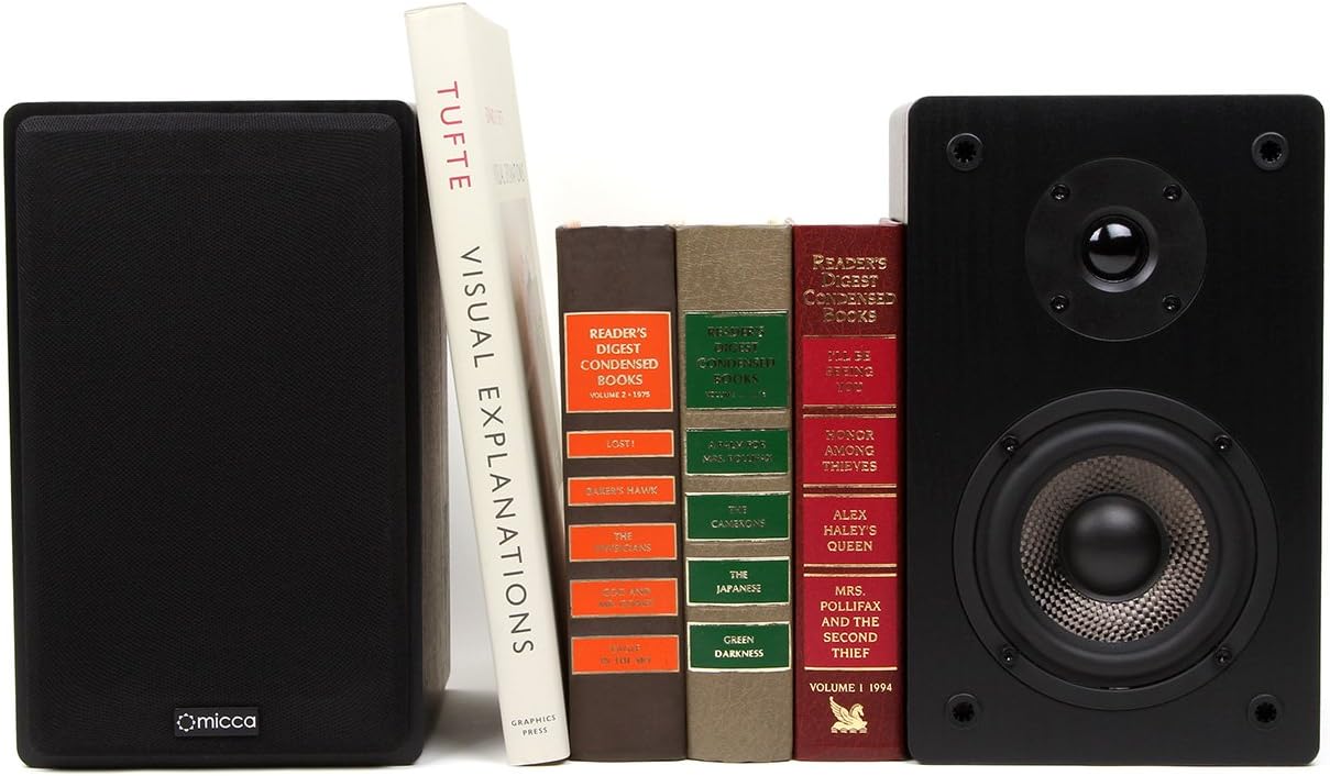 Micca MB42 Standard 2-Way Passive Bookshelf Speakers, Stereo Pair, Black | Amplifier Required, 4-Inch Carbon-Fiber Woofer, 0.75-Inch Silk-Dome Tweeter