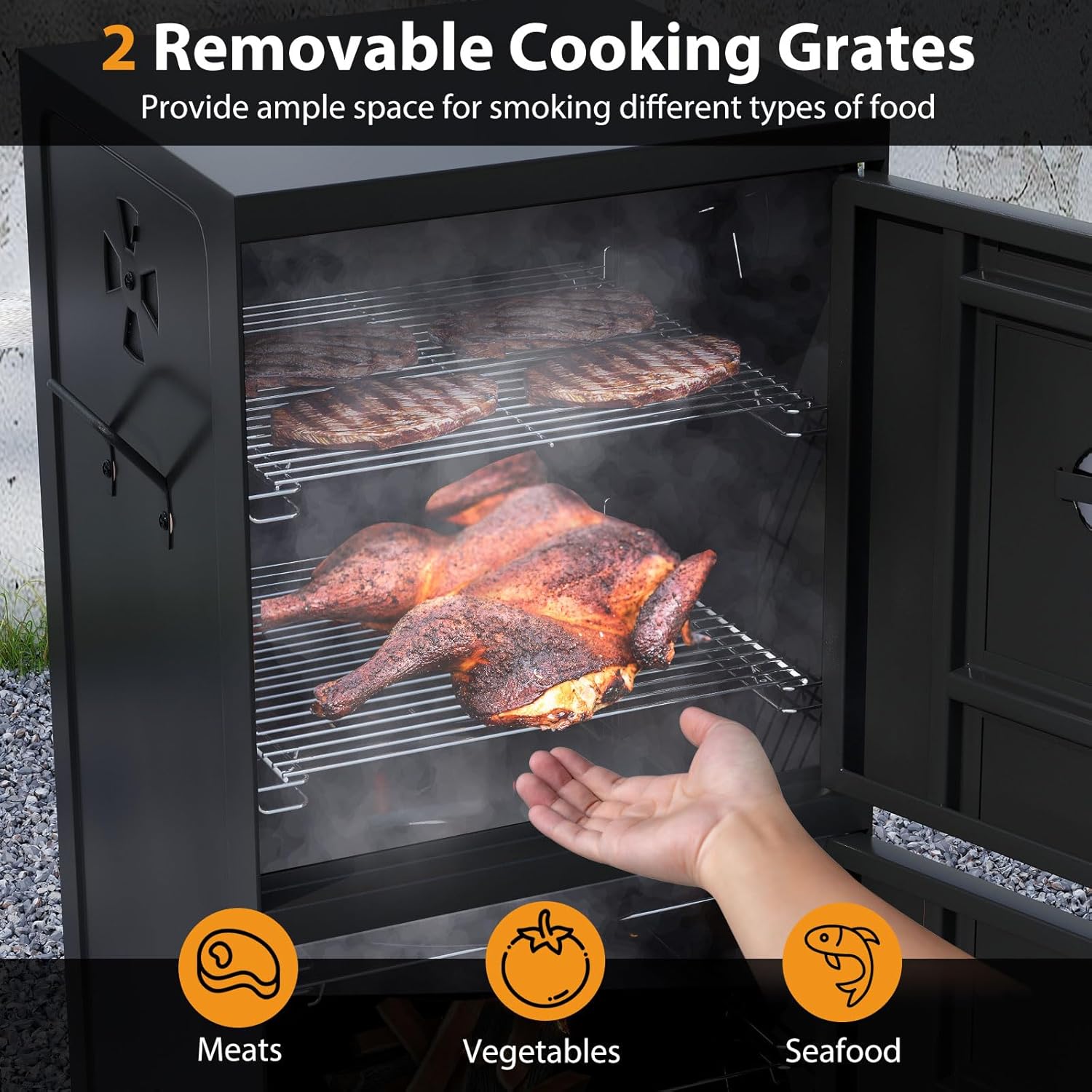 Charcoal Smoker Outdoor, Vertical BBQ Smoker with Thermostat, 2 Access Doors, 2 Cooking Grates, 2 Removable Pans & 4 Air Vents