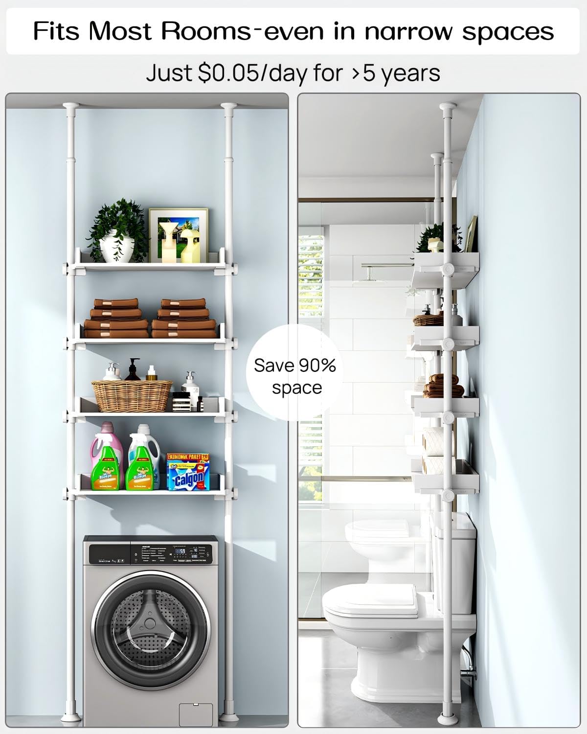 ALLZONE Bathroom Organizer, Over The Toilet Storage, 4-Tier Adjustable Wood Shelves for Small Rooms, Saver Space Rack, 92 to 116 Inch Tall