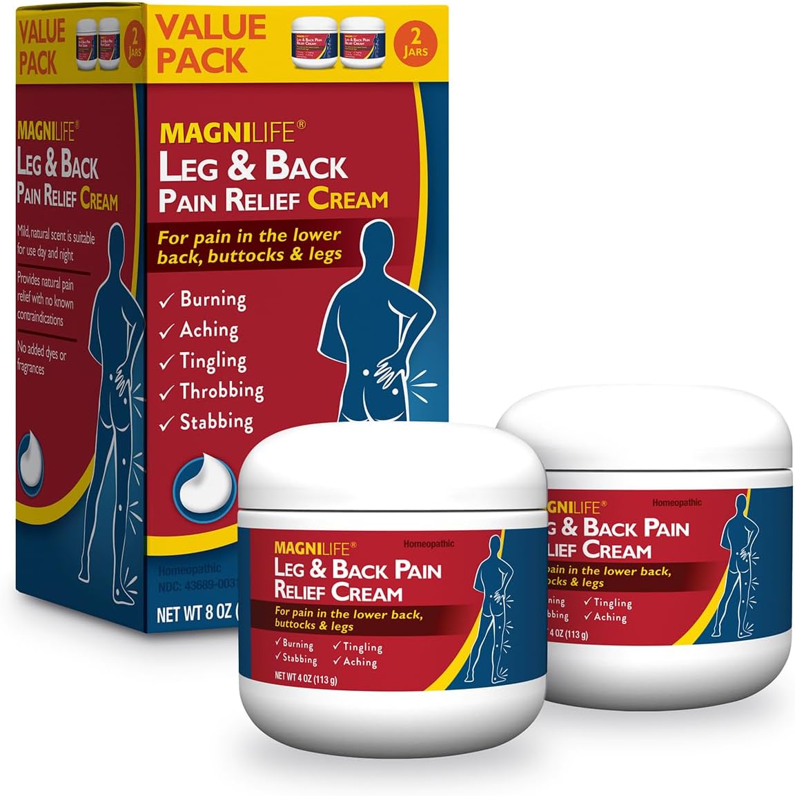 MagniLife Leg & Back Pain Relief Cream (4 oz), Topical Support for Leg Pain & Lower Back Discomfort, Fast Absorbing, No Residue, Mild Scent, Massage-in Formula