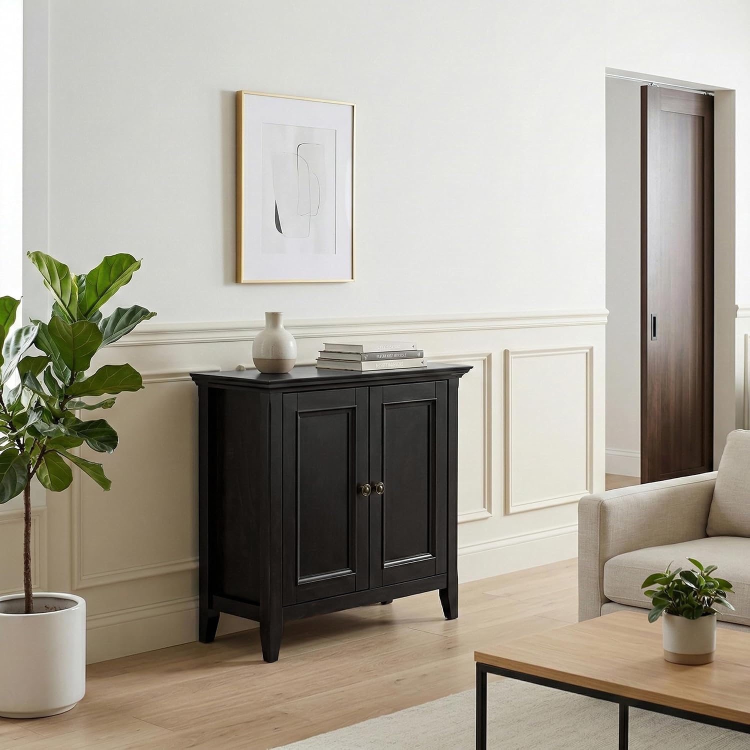 SIMPLIHOME Amherst 32" Wide Solid Wood Cabinet in Hickory Brown