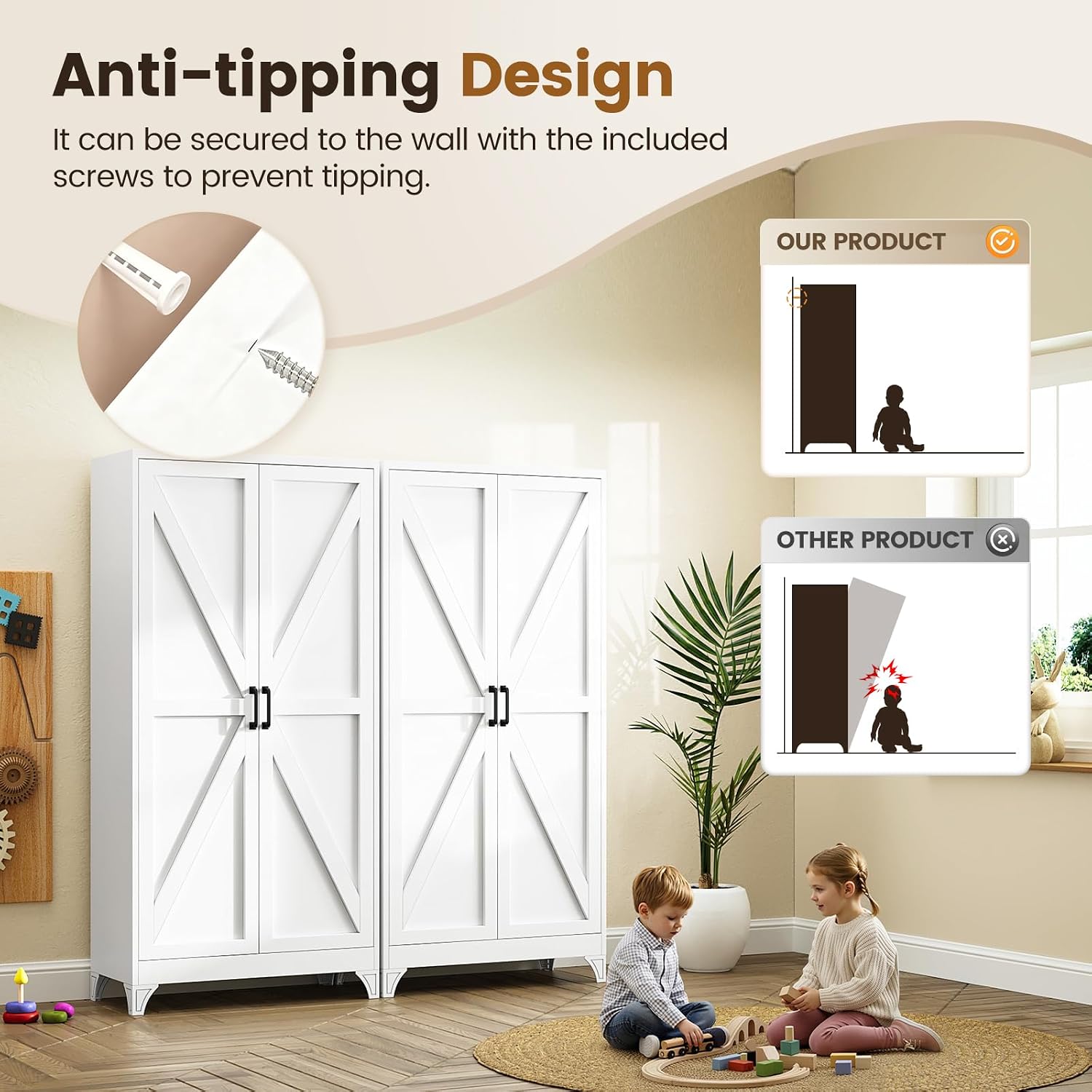 Metal Storage Cabinet with 2 Doors and 4 Adjustable Shelves - 61" White Kitchen Pantry Storage 5-Tier Tall Steel Cabinets Locker for Kitchen, Living Room, Dining Room