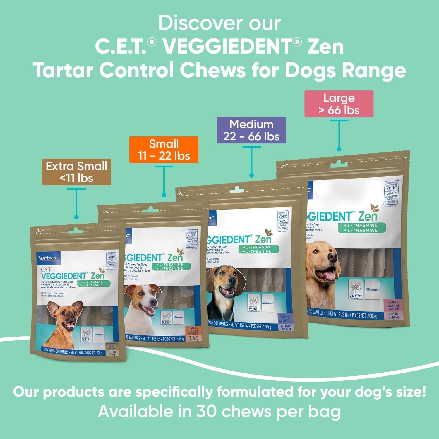 C.E.T. Veggiedent Fr3sh & Zen Plaque and Tartar Control Chews for Dogs, S