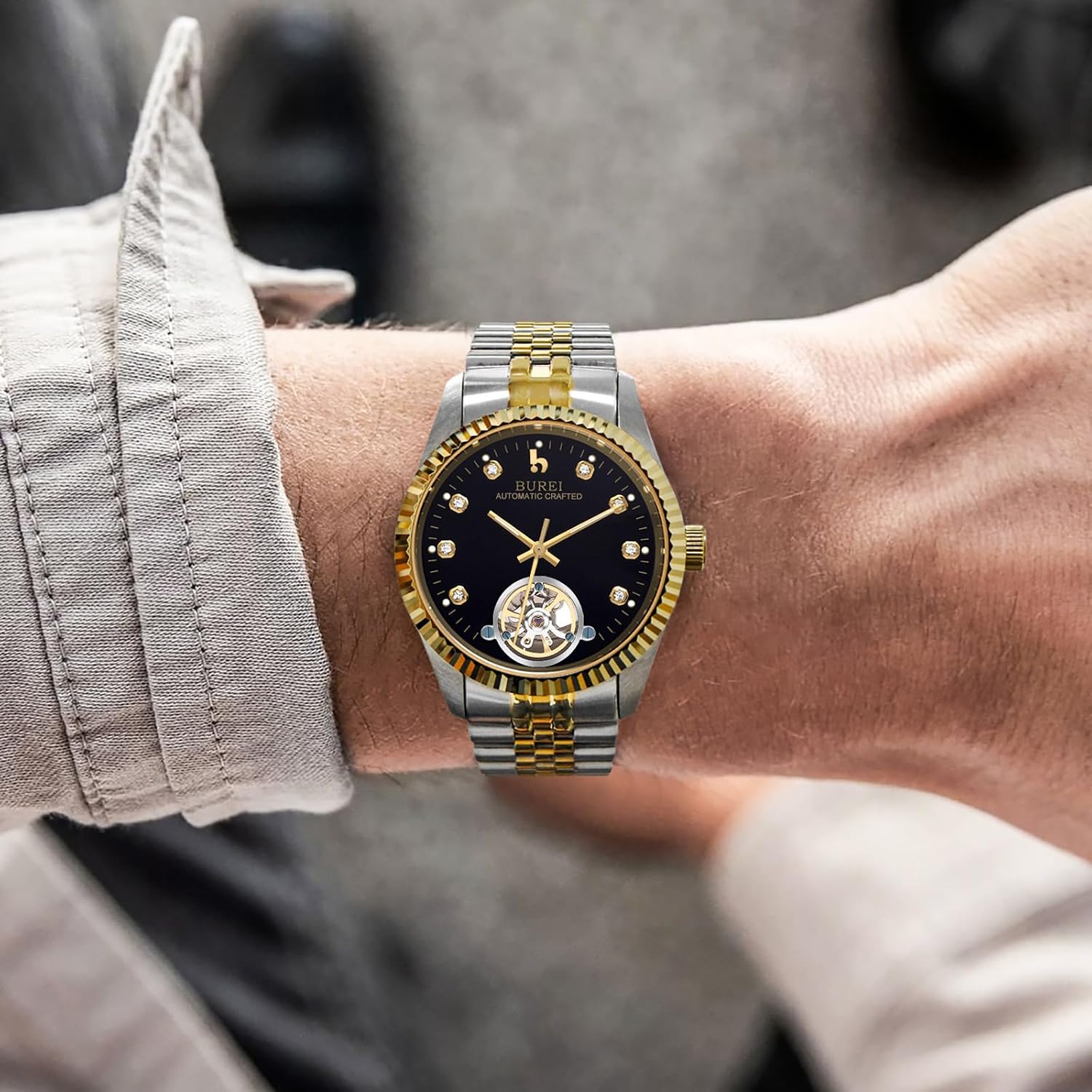 BUREI Men's Luxury Automatic Watch Fashion Waterproof Mechanical Watch, Adjustable Stainless Steel Two Tone Strap,Gift for Men