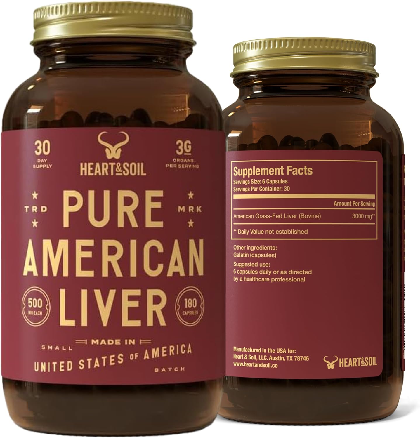 HEART & SOIL Beef Organs Supplement, 180 Capsules