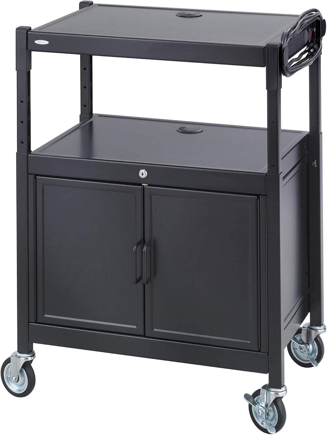 Safco 8943BL Steel Adjustable AV Cart with Locking Cabinet, Black