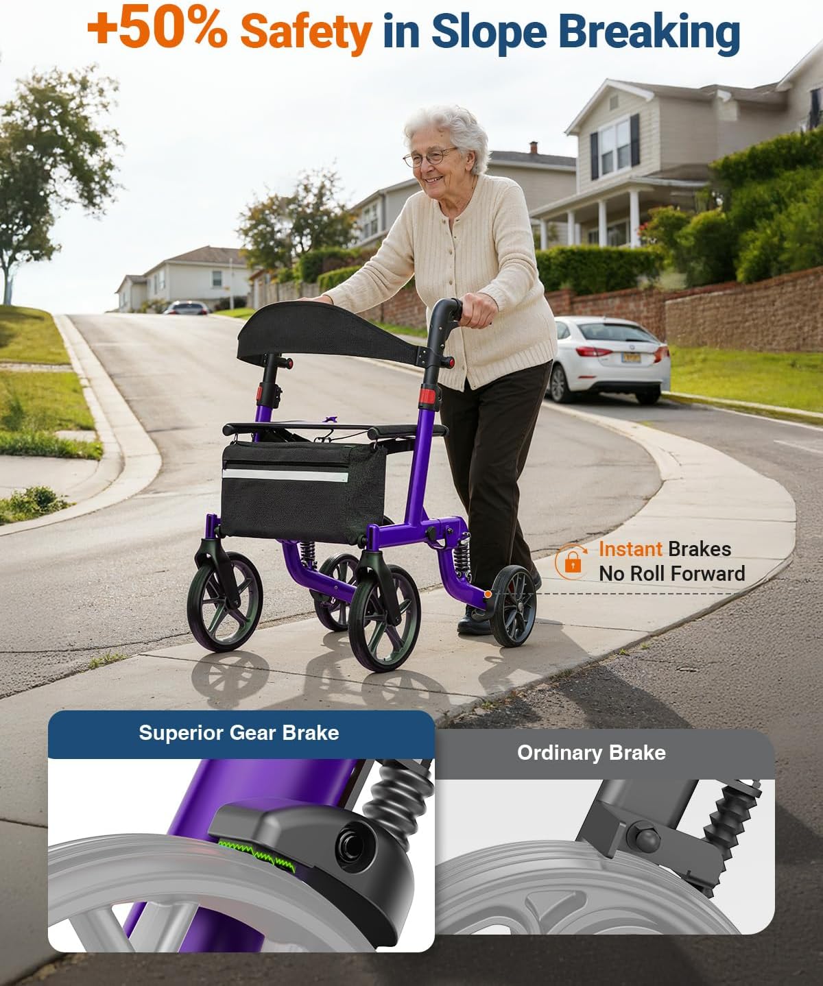Foldable Rollator Walkers with Seat for Seniors, All Terrain Outdoor（Red | Patented Shock-Absorbing,Tool-Free Adjustment,350 lbs Capacity, 10″ Solid Wheels,16.3lbs Lightweight, Fit 61"-74" Tall User