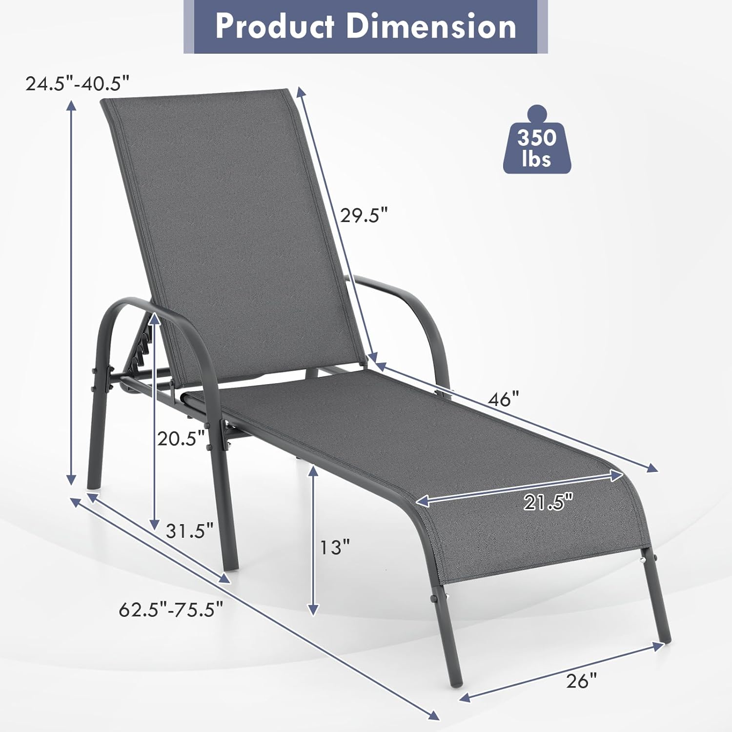 GIANTEX 2 Pack Patio Lounge Chair with 5 Adjustable Backrest, Black
