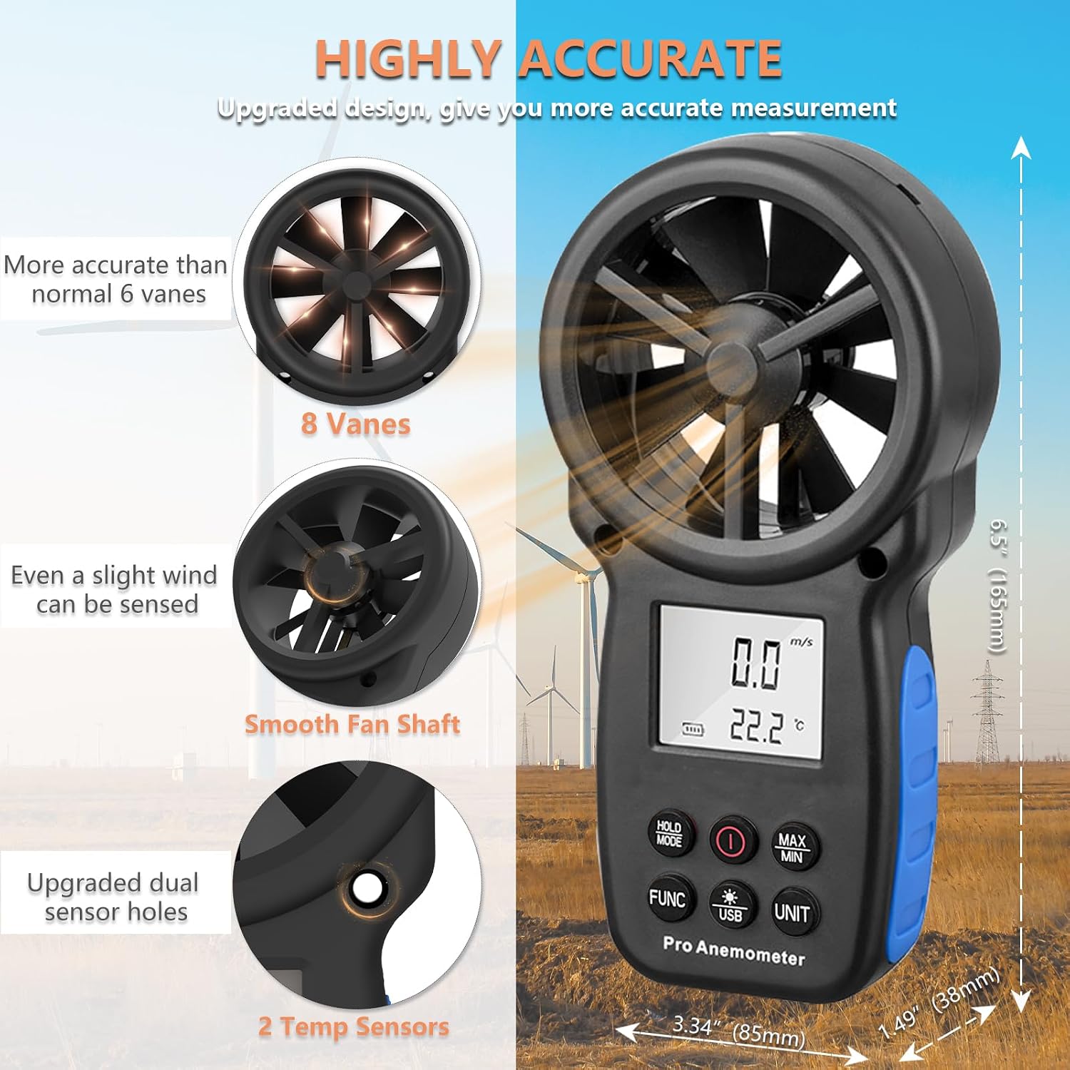 Holdpeak 866A Anemometer HVAC, Pro CFM Air Flow Meter for Wind Speed Temp Humidity Dew Point Airflow Measuring Device