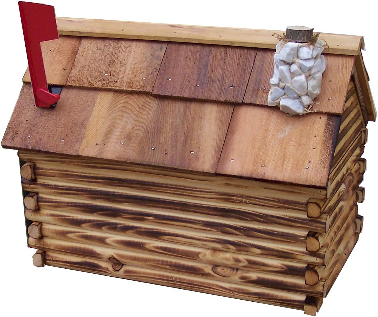 Log Cabin with Stone Chimney Wooden Mailbox Natural Amish Made in USA