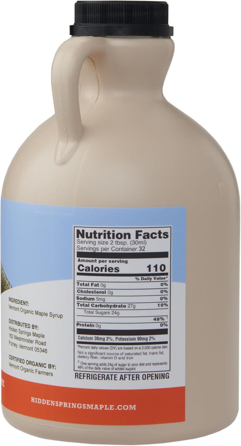 Hidden Springs Maple Organic Vermont Maple Syrup, Grade A Dark Robust (Formerly Grade B), 32 Ounce, 1 Quart, Family Farms, BPA-free Jug