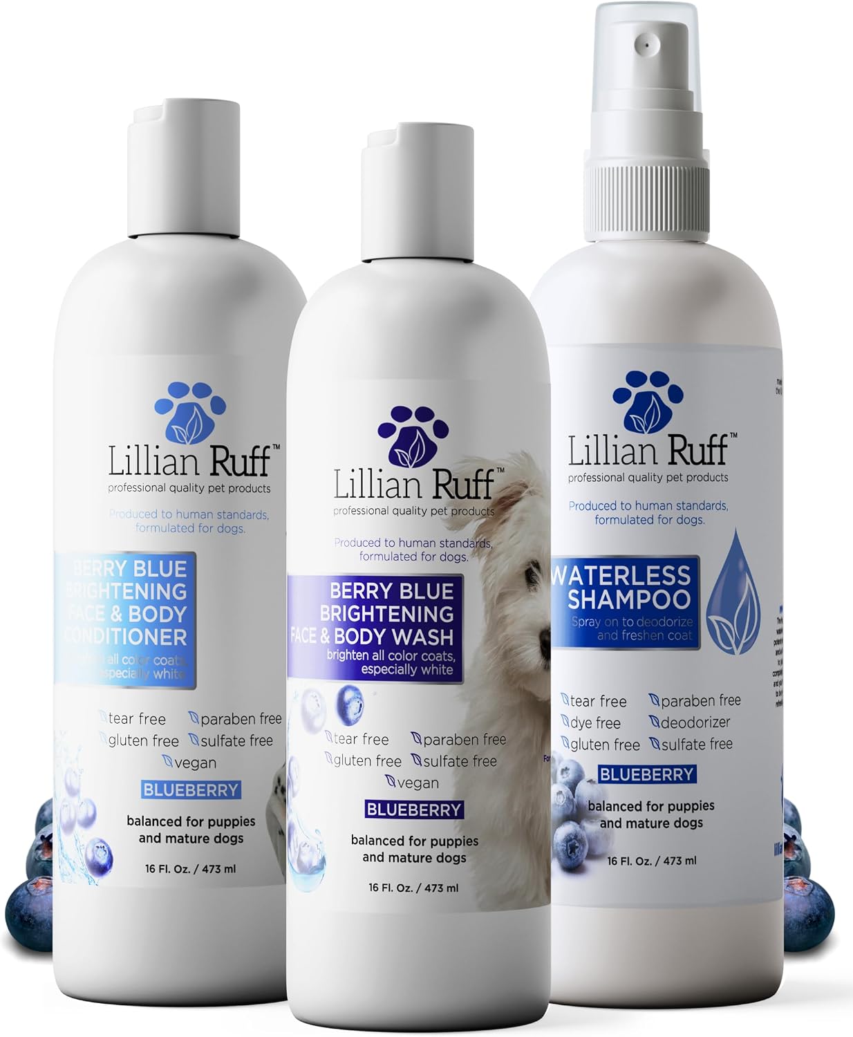 Lillian Ruff PRO Formula Berry Blue Brightening Pet Shampoo - Ultra-Hydrating Professional Whitening Dog Shampoo, Vivid Show-Quality Coat Enhancer, Tear Stain & Odor Eliminator With ProVitamin B5 16oz