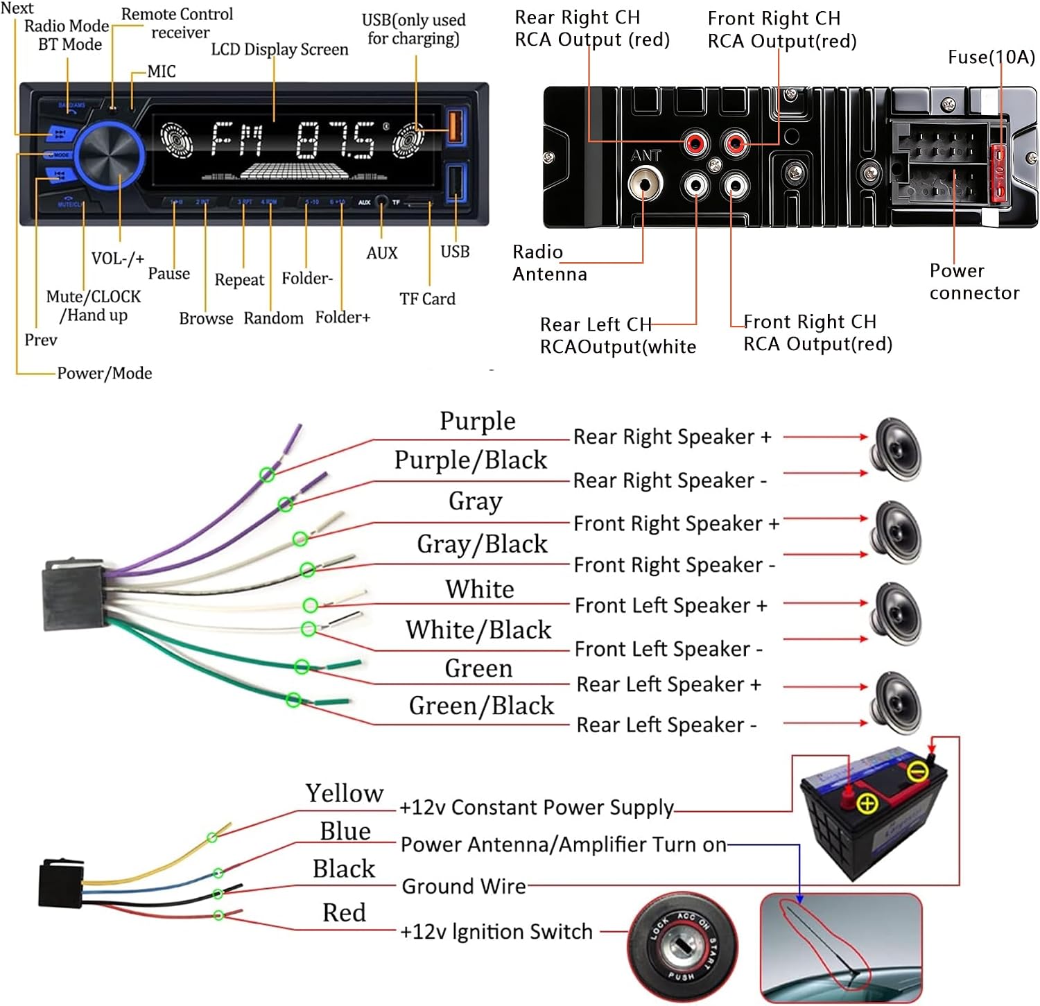 REAKOSOUND Car Radio Bluetooth Single DIN Stereo - FM, USB, AUX, APP, No CD