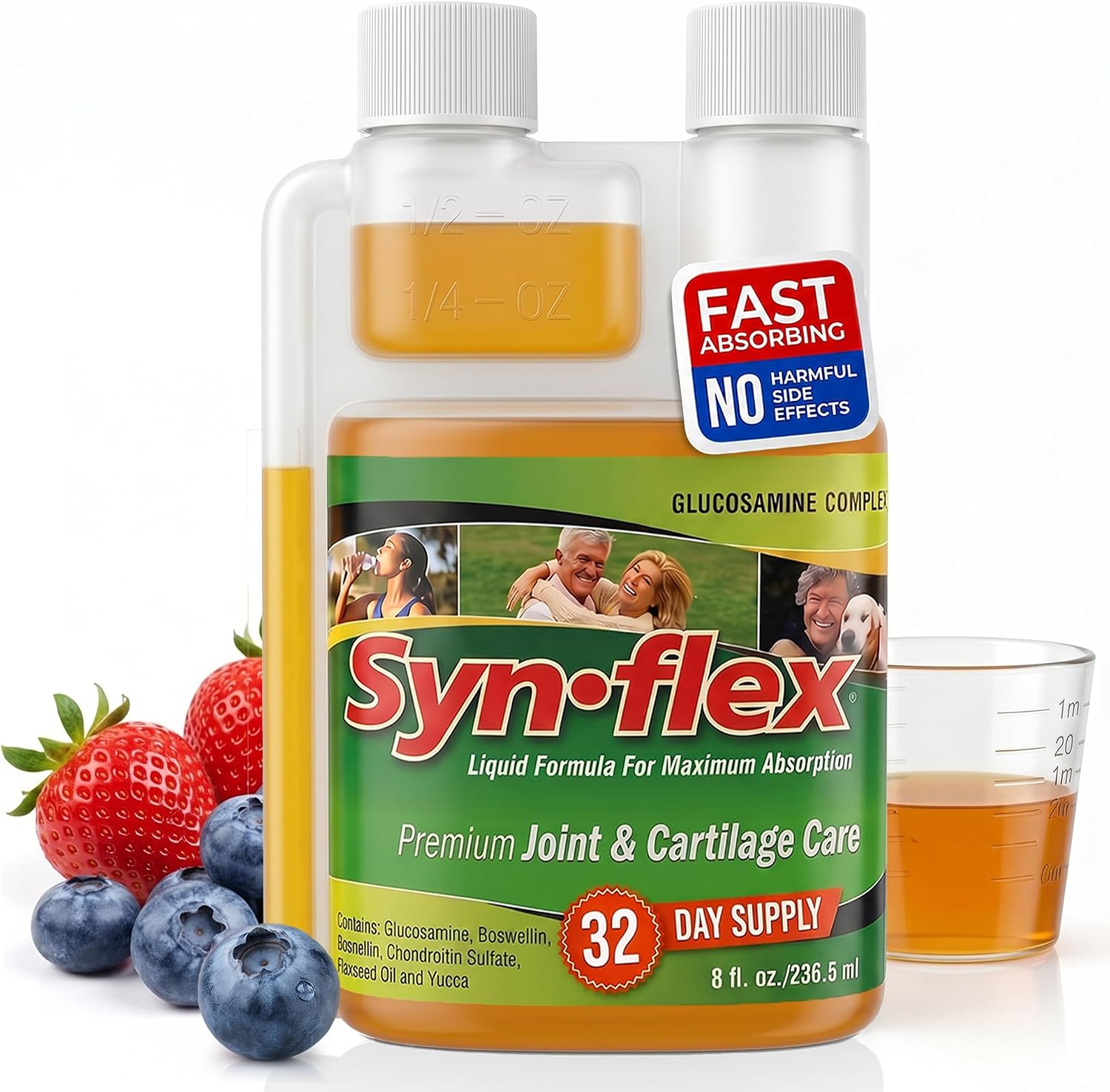 Synflex Joint Support Supplement 32-Day Supply 8oz | Liquid Glucosamine 1500mg & Chondroitin | HSA/FSA High Concentration Orange Flavor with White Willow Bark, Manganese & Boswellia for Men & Women