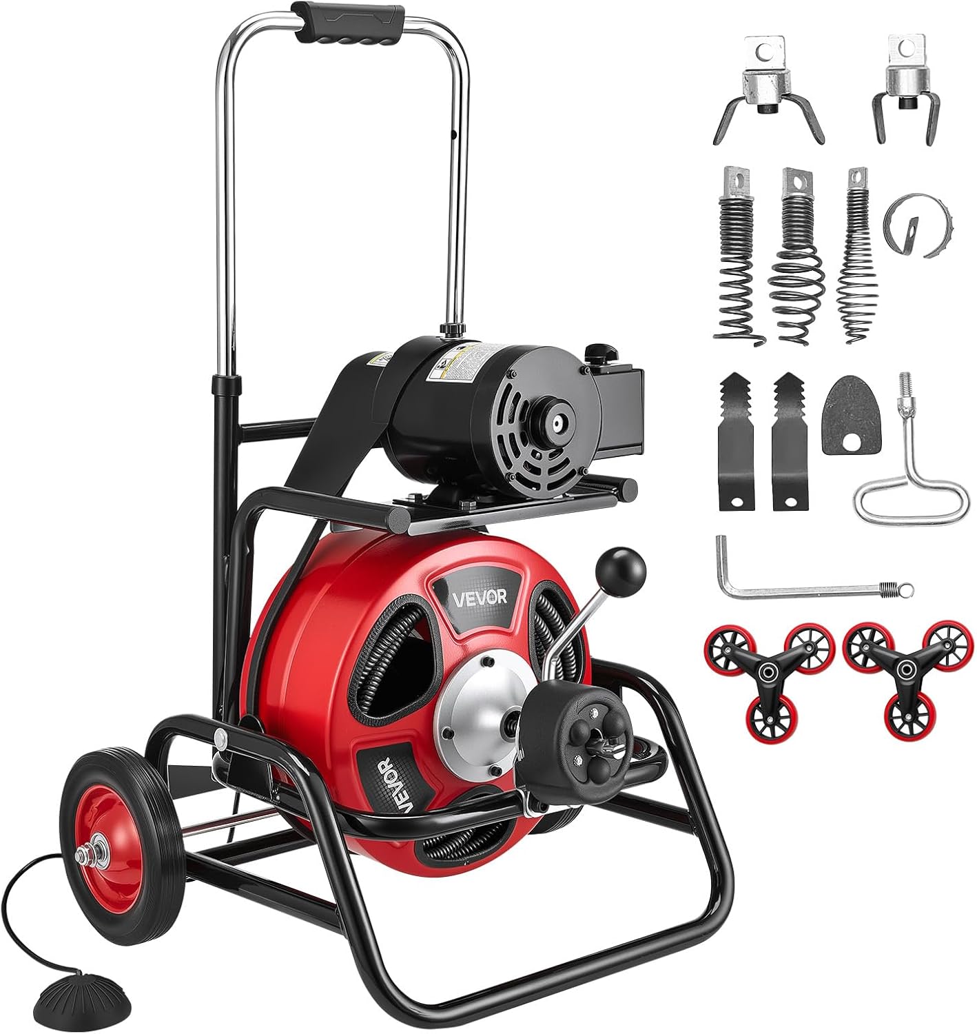 VEVOR Drain Cleaner Machine 100 FT x 3/4 Inch, Auto Feed Sewer Snake Auger, Portable Drain Cleaning Machine with Multi-Wheel Combination, 6 Cutters & Air-Activated Foot Switch for 4" to 8" Pipes