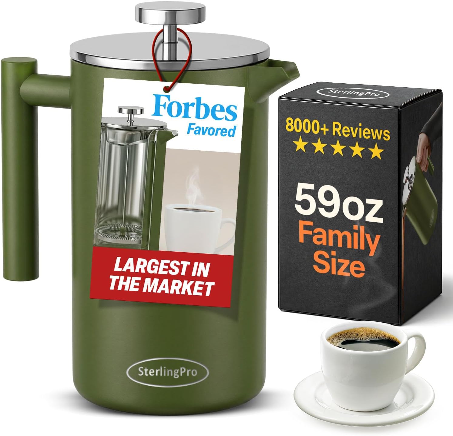 SterlingPro Large Insulated Stainless Steel French Press Coffee Maker 51oz Capacity (44 oz Brew Yield) – Double Wall Metal Coffee Press | Plastic Free | Cool-Touch | Mirror Finish | 12 Cups / 6 Mugs