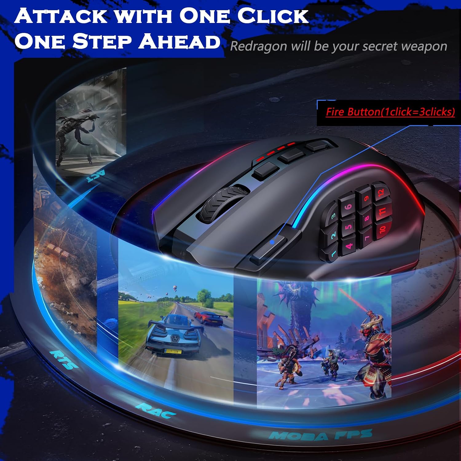 Redragon Gaming Mouse, MMO Mouse Gaming UP 12400 DPI, 19 Macro Programmable Buttons, RGB Mouse with 12 Side Buttons, 8 * 2.4g Weight Tuning for PC Laptop MOBA FPS, M901K, Black
