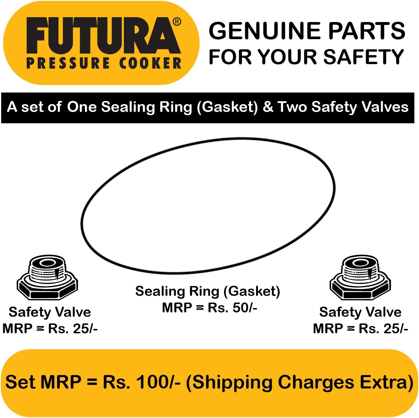Hawkins Futura Rubber Gasket for 4L- 7L Tall Pressure Cooker and 2 Units of Futura Safety Valve (Black)