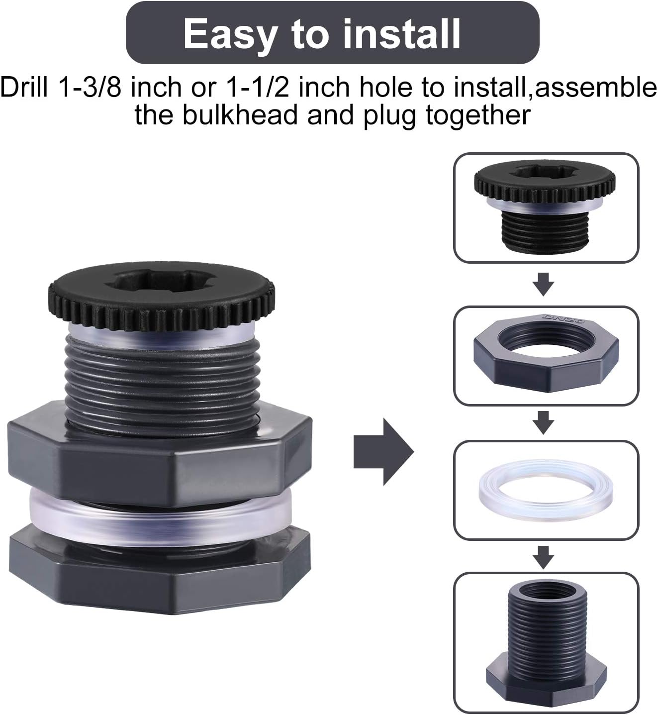 Outus 2pcs 3/4 Inch PVC Bulkhead Fitting with Plug, Silicon Seal Gasket