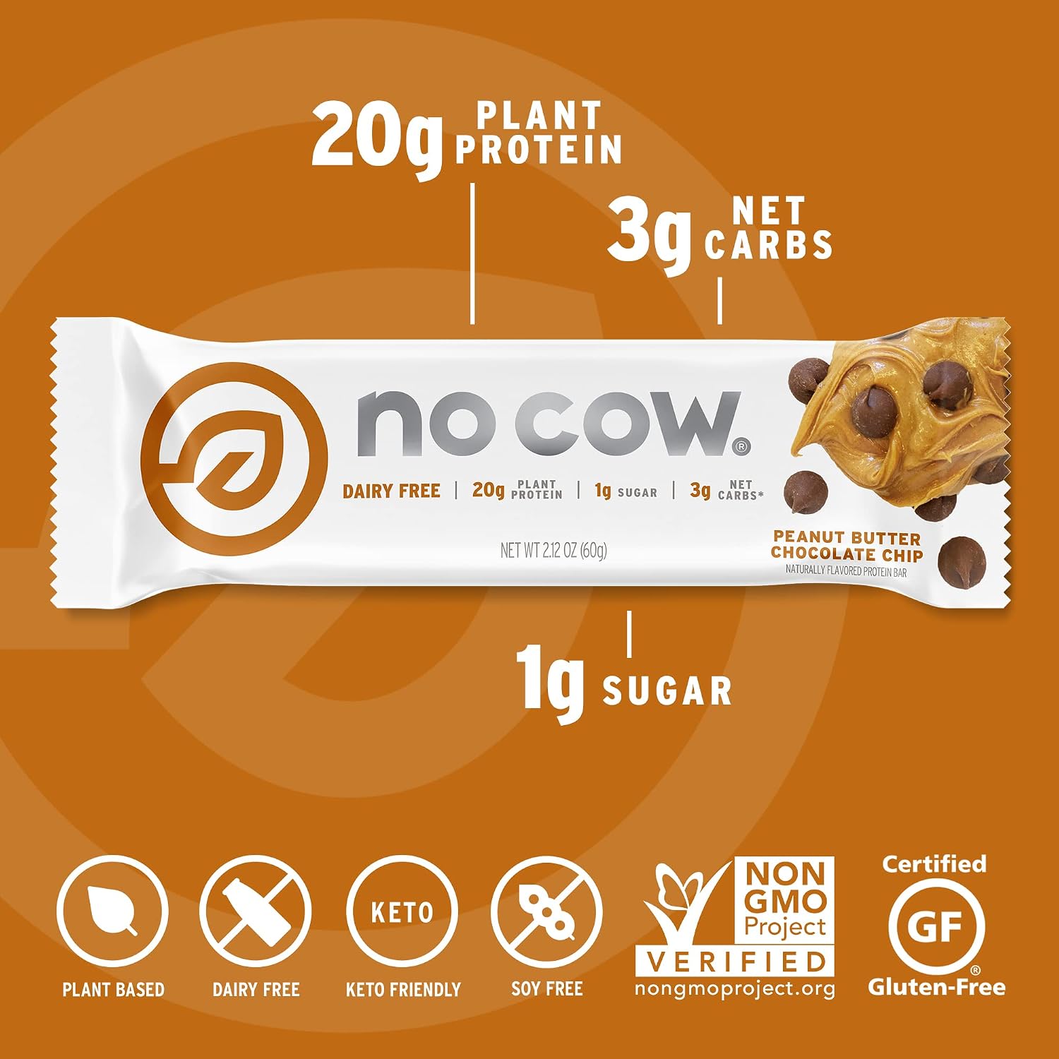 No Cow Peanut Butter Chocolate Chip Vegan Protein Bars, 12 Pack | 20g High Plant-Based Protein, High Fiber, Low Sugar, Gluten-Free, Dairy-Free, Soy-Free, Keto-Friendly Snack Bars