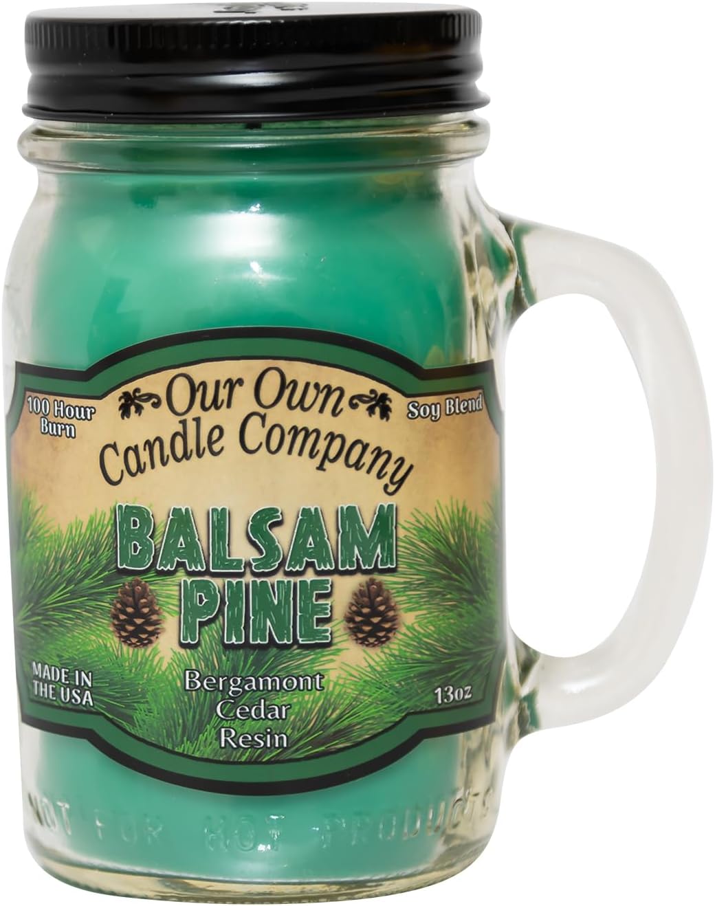 Balsam Pine Scented Mason Jar Candle, Our Own Candle Company, 13 oz | Clean, fresh Balsam-pine-tree scent; soy blend wax; lead-free wick with patented straightener; long lasting