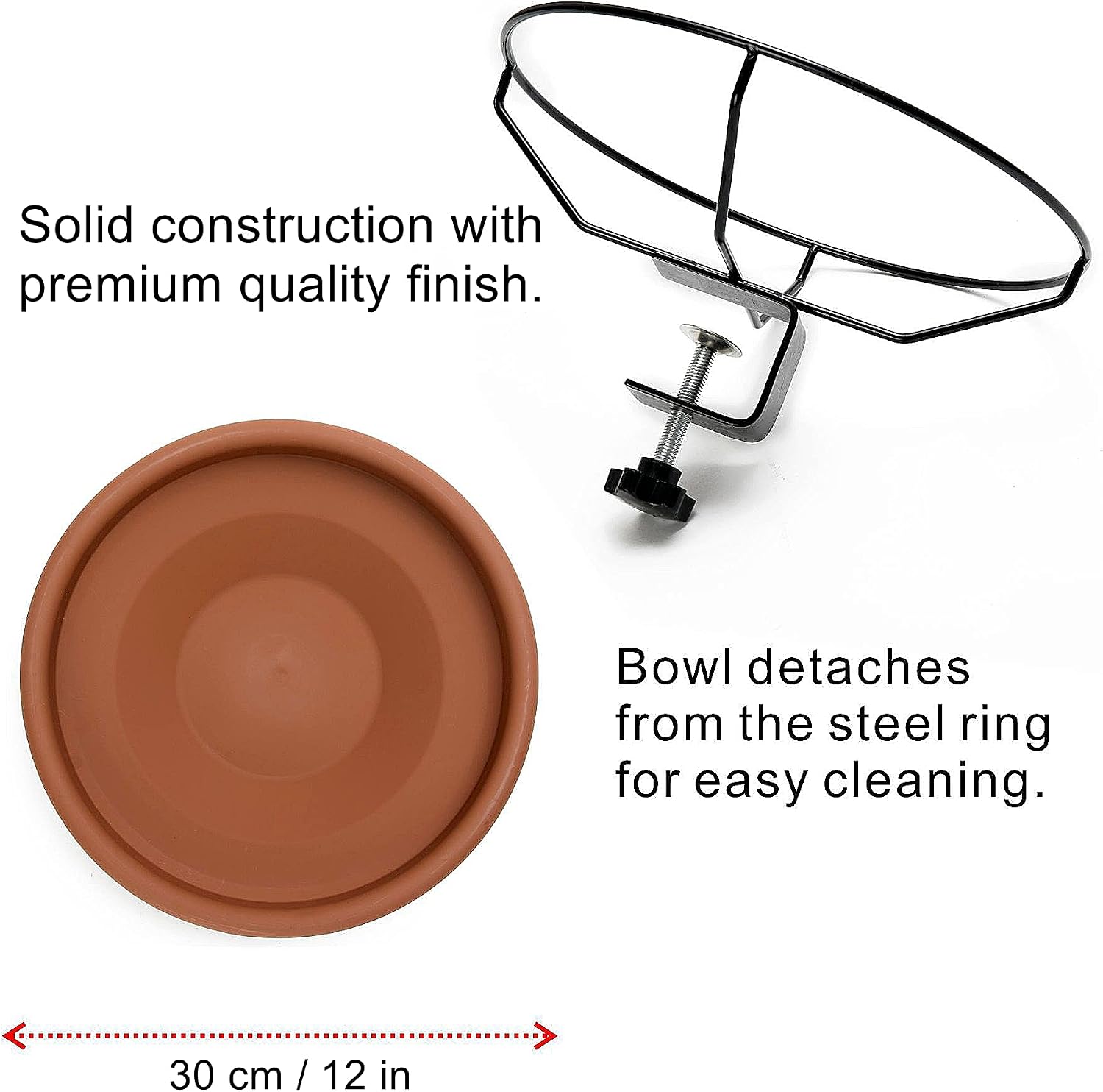 Hanizi Bird Bath Deck Mounted Bowl 12 Inches, Balcony Railing Birdbaths Unheated, Bird Bath Fence Clamp Detachable