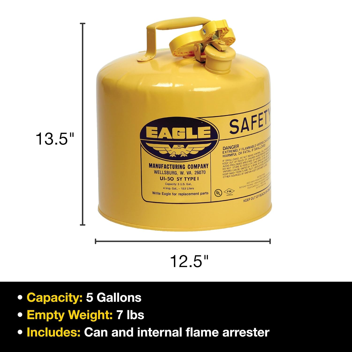 Eagle 5 Gallon Type I Yellow Safety Gas Can for Diesel