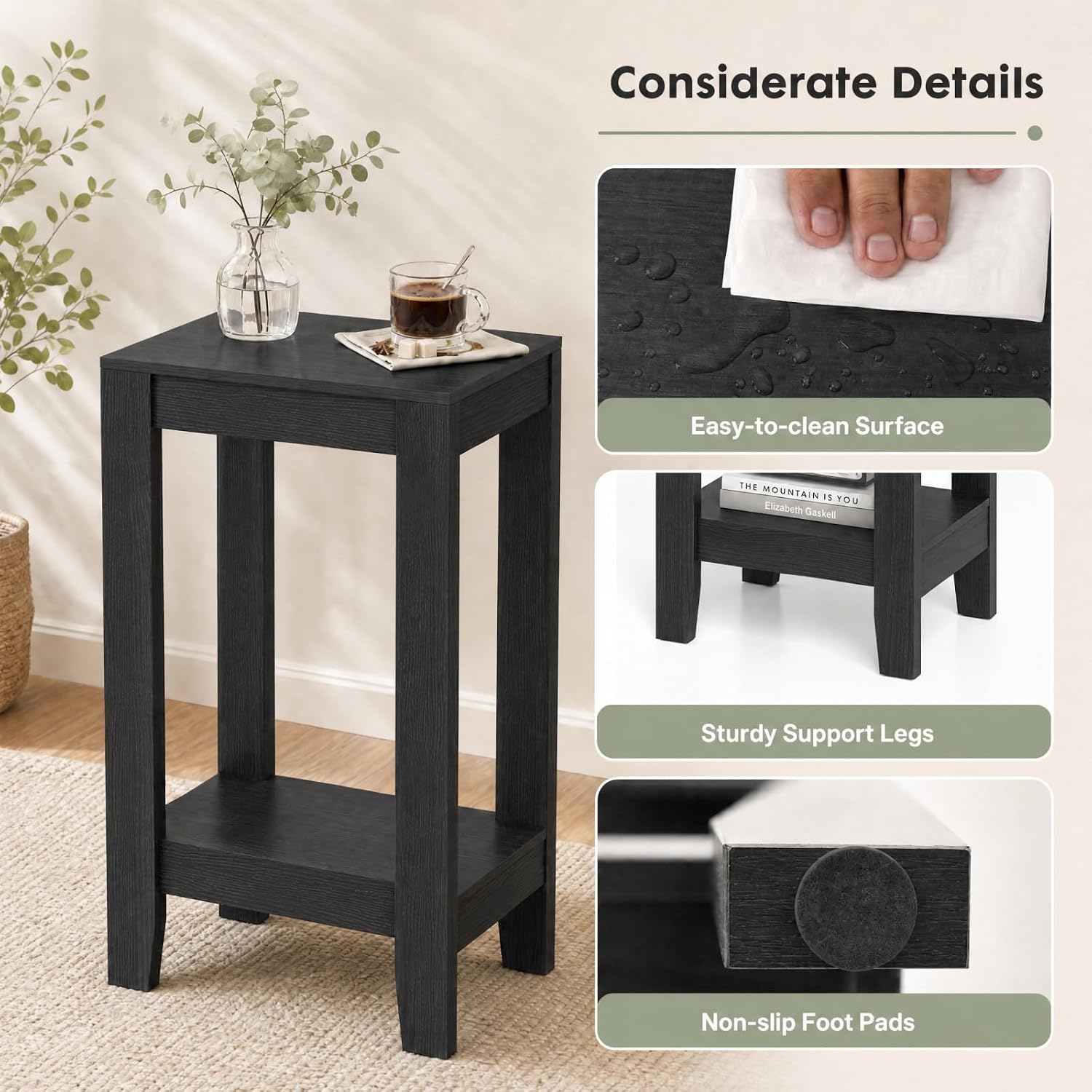 Giantex 2-Tier End Table Nightstand, Bedside Sofa Table for Living Room Bedroom, Narrow Telephone Table with Shelf and Legs for Small Spaces, Espresso