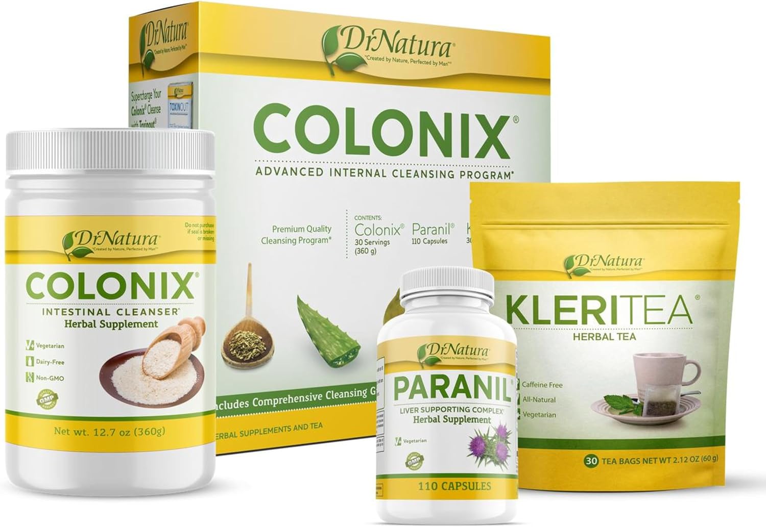 DrNatura Colonix 3-Part Colon Cleanse Kit – Whole Psyllium Husk Fiber Powder, Herbal Capsules & Herbal Tea, 30 Day Digestive & Gut Support Program, 16 oz (Pack of 1)