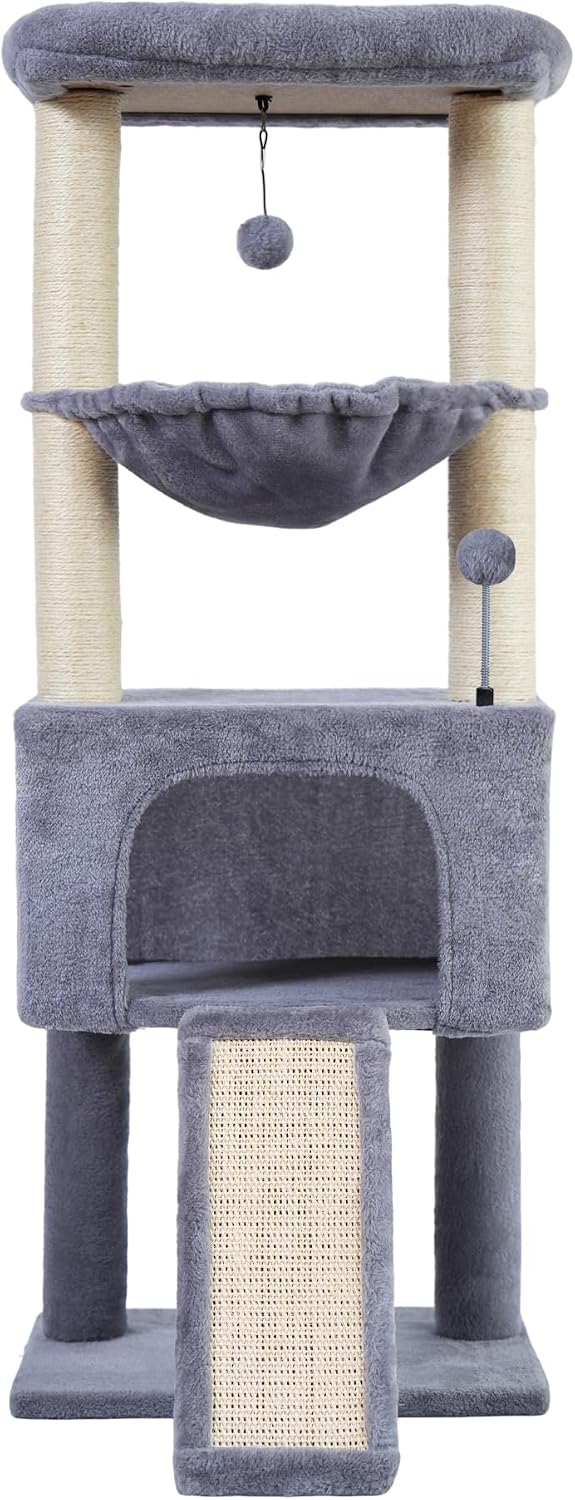 32" Cat Tree for Indoor Cats, 2-in-1 Cat House with Sisal Scratching Post & Ramp, 2-Level Cat Tower with Rotatable Feather & Ball Toys, Stable Grey Cat Condo for Small/Medium Cats, Grey