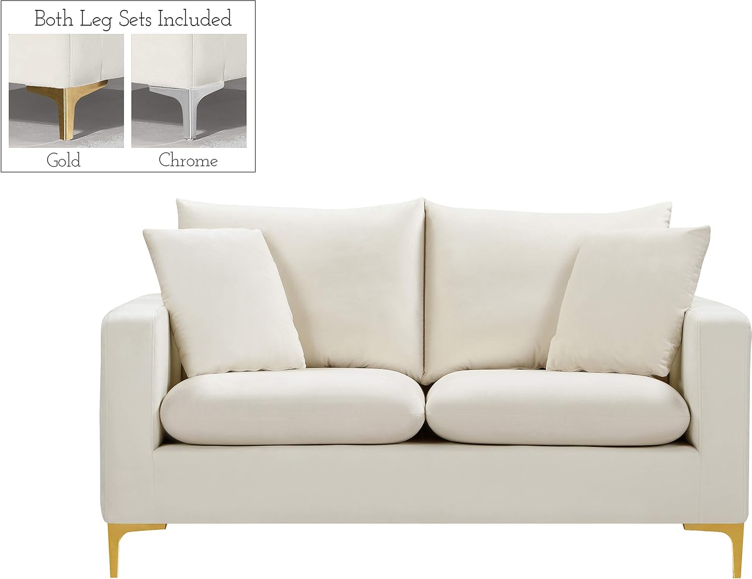 Meridian Furniture Naomi Collection Modern | Contemporary Grey Velvet Upholstered Loveseat with Stainless Steel Base in a Rich Gold or Chrome Finish, 633Grey-L