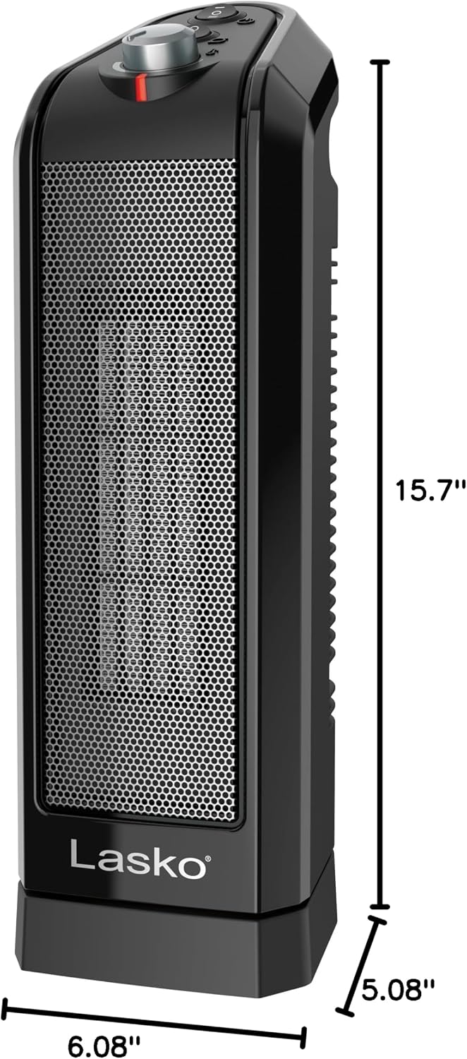 Lasko Oscillating Ceramic Tower Space Heater for Home with Overheat Protection, Adjustable Thermostat, and 2 Speeds, 15.7 Inches, Black, 1500W