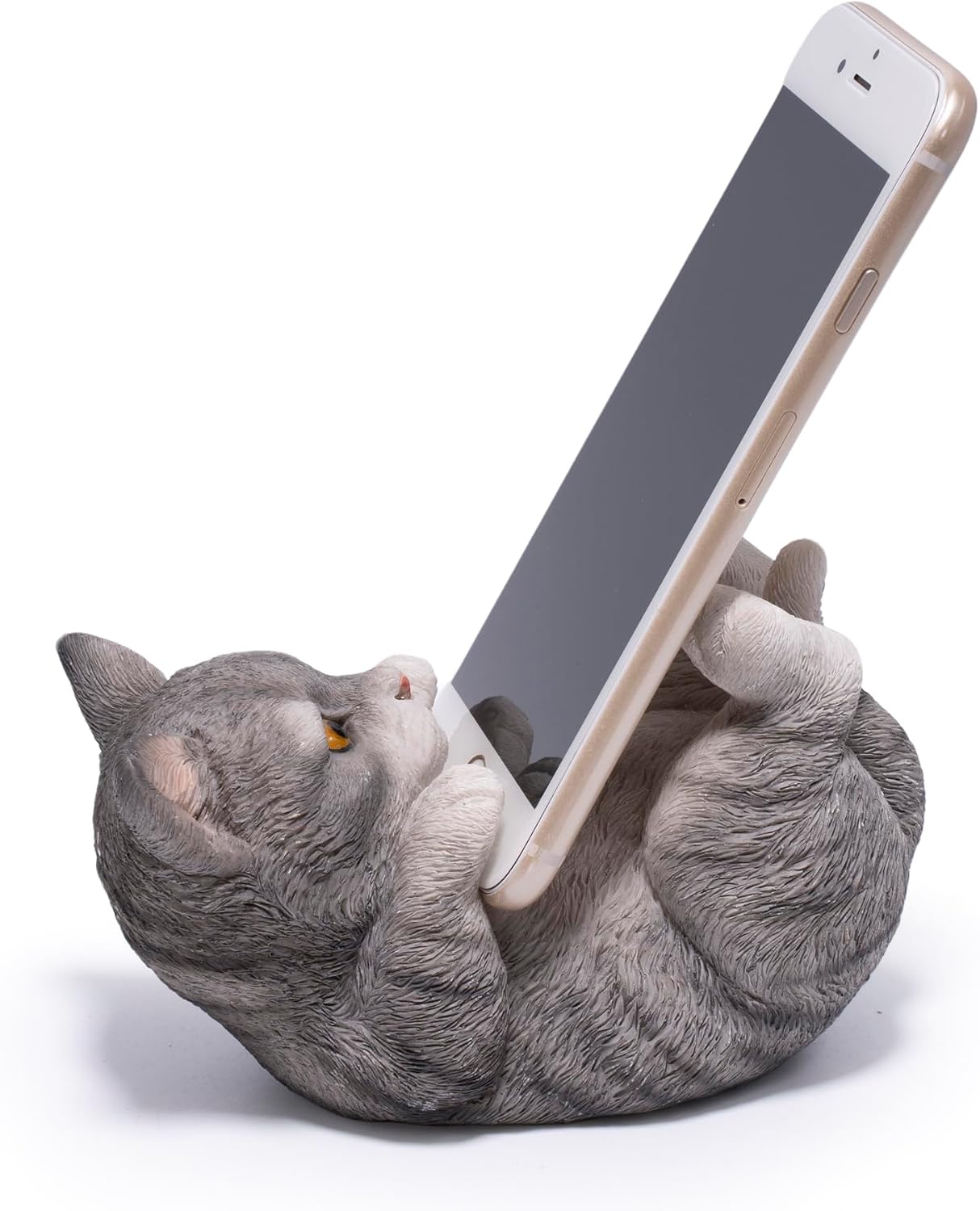 Hodao Cute Cat Phone Stand, Gray Kitten Cell Phone Holder for Desk, Resin Animal Figurine Stand for iPhone and Samsung, Vertical or Horizontal Viewing