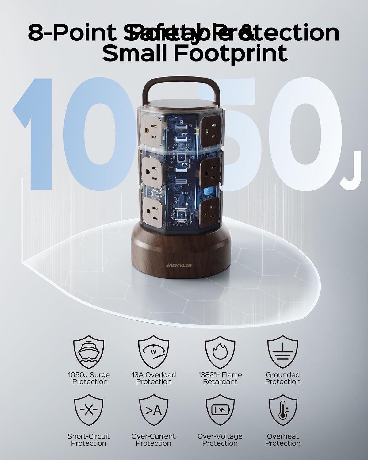 JACKYLED Power Strip Tower Surge Protector, 12 AC 6 USB (2 USB C), 1050J