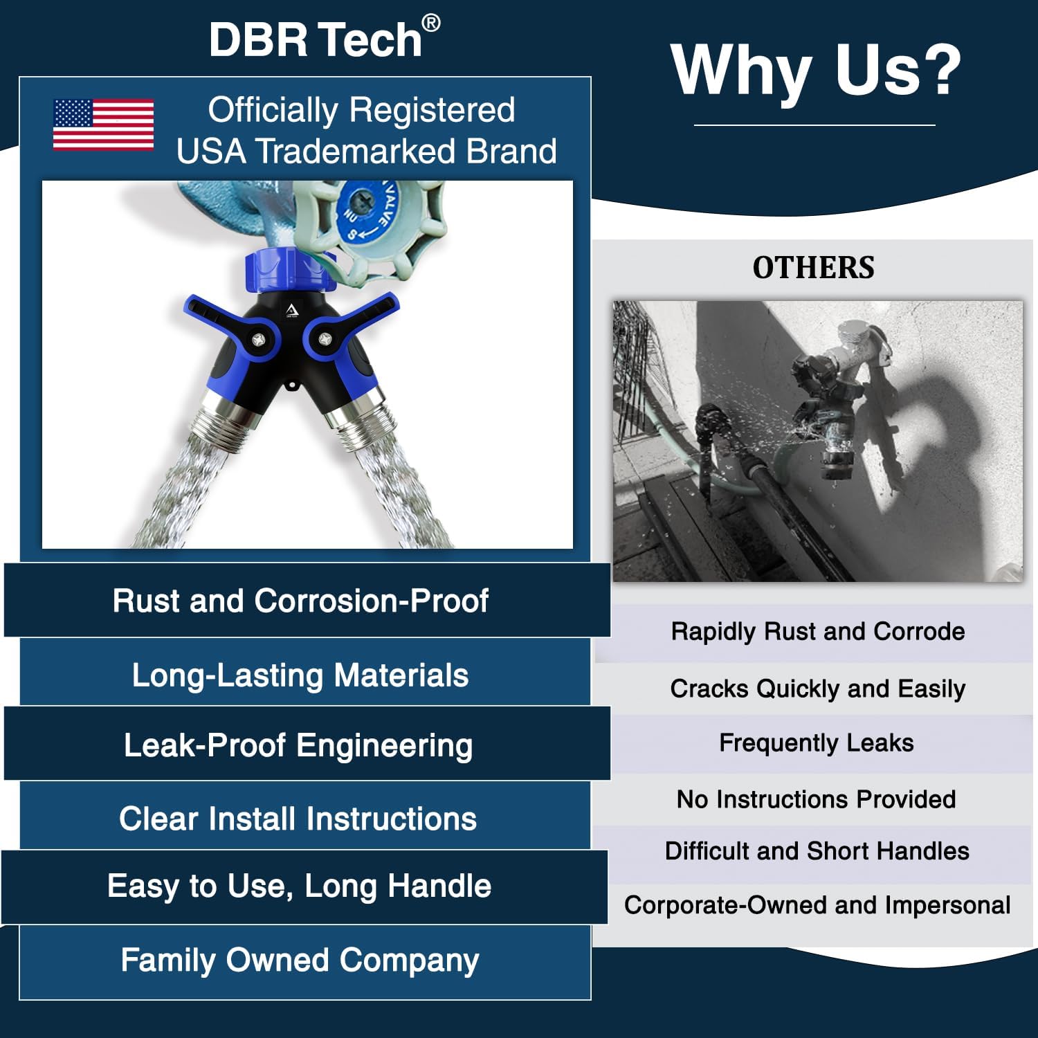 DBR Tech® Hose Splitter 2 Way, Heavy Duty Metal Connector, Two Way Garden Hose Splitter, High Flow Spigot Faucet Bib Adapter