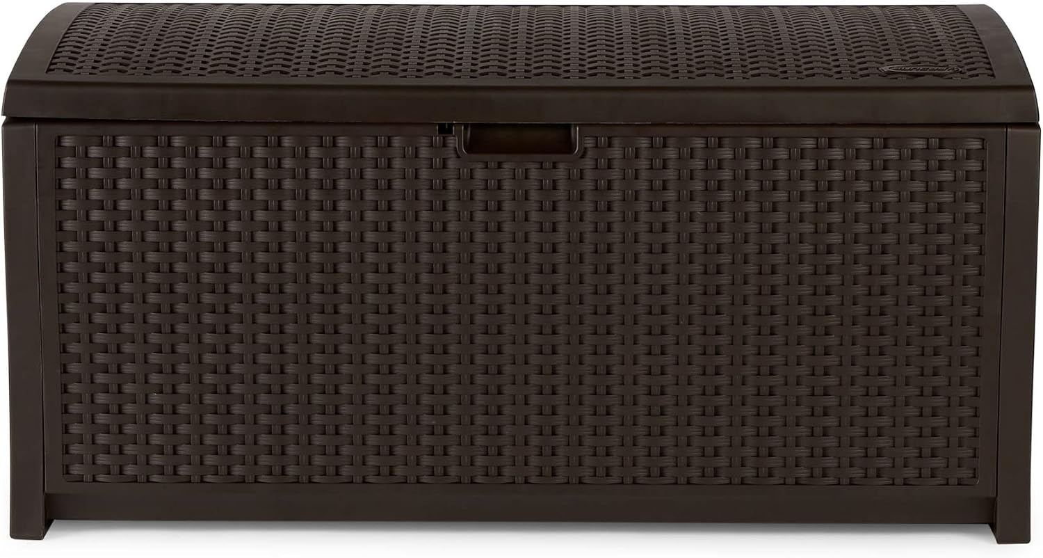 Suncast Outdoor Storage Box - 73 Gallon Mocha Brown Deck Box for Patio, weather-resistant Outdoor Storage Bench, Resin Wicker Style, Heavy-Duty, Lockable Lid for Cushions, Shoes, Pool & Garden Gear