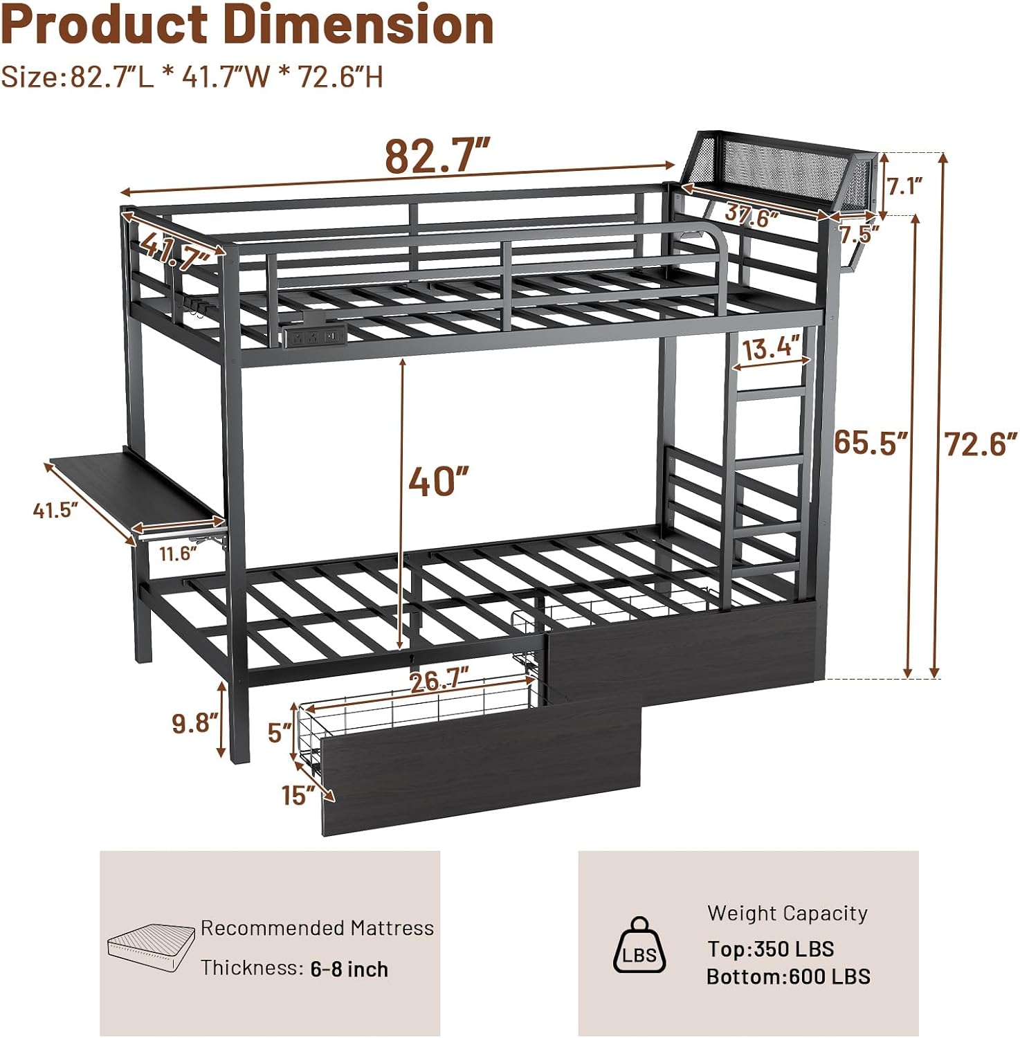 Twin XL Bunk Bed with Foldable Desk, LED Lights & Charging Station, Black | Upper Bunk Storage & 2 Drawers, Safety Guardrails with 4 Hooks, Space-Saving Design for Kids and Teens