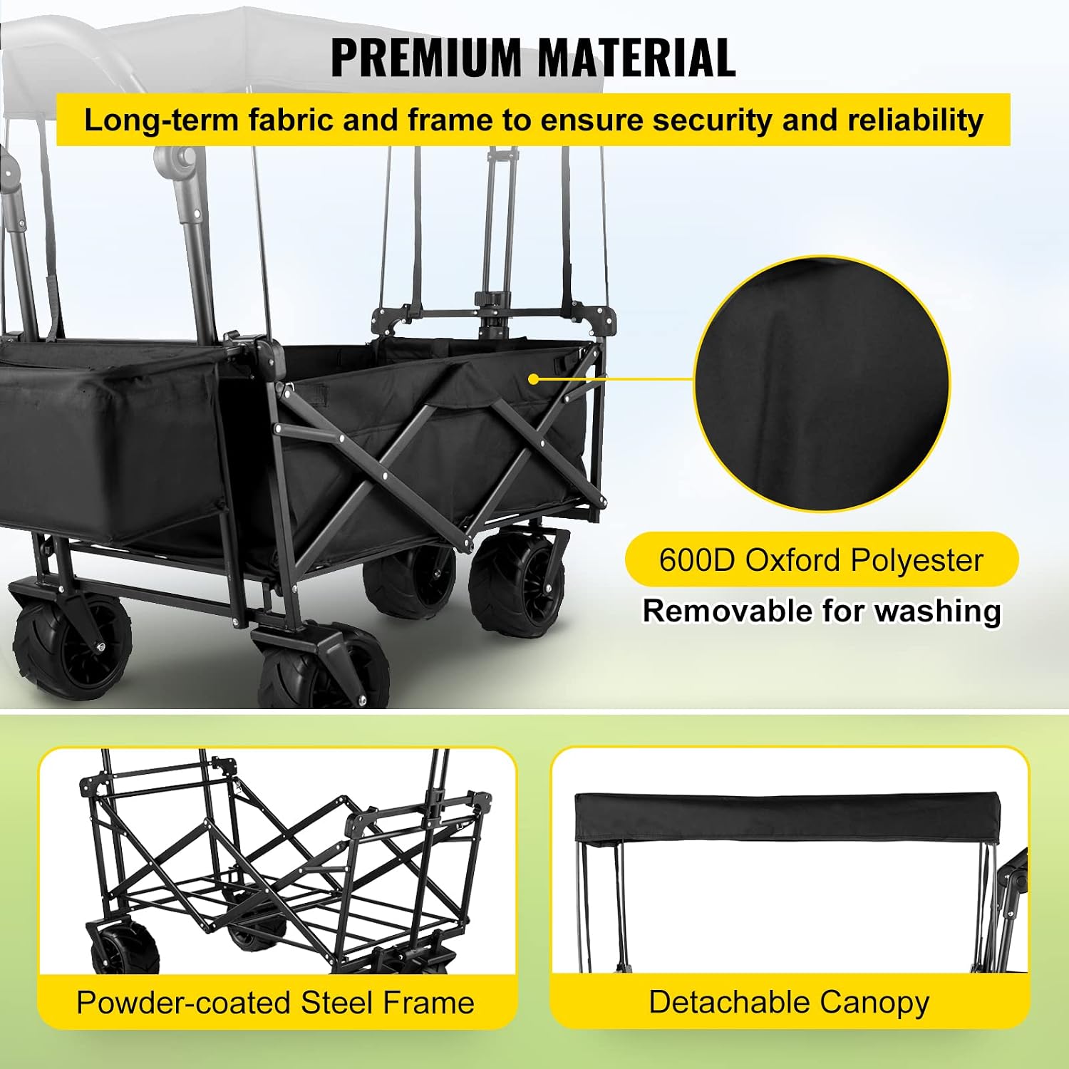 Happbuy Collapsible Wagon with Removable Canopy, 220lbs Heavy Duty Foldable Beach Wagon with Big Wheels