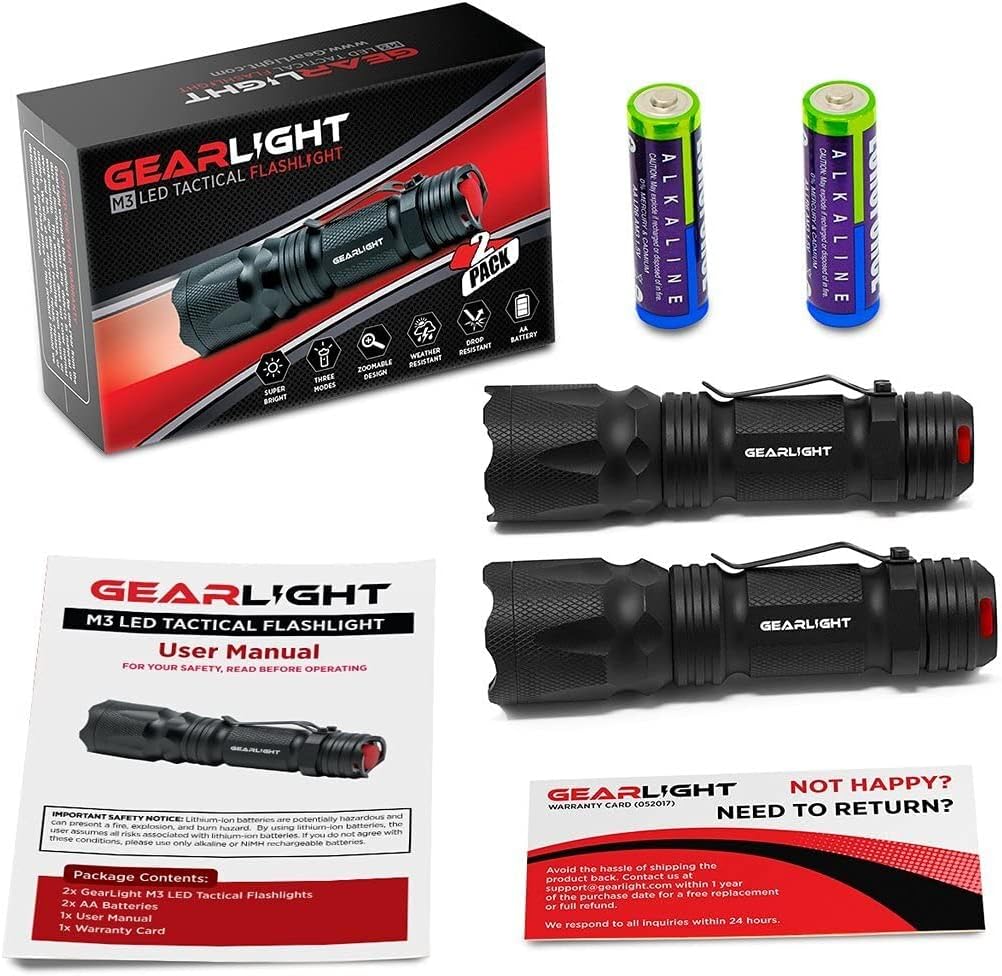 GearLight M3 Mini LED Flashlight - 2 Bright, Small Tactical Flashlights with High Lumens and Pocket Clip for Camping