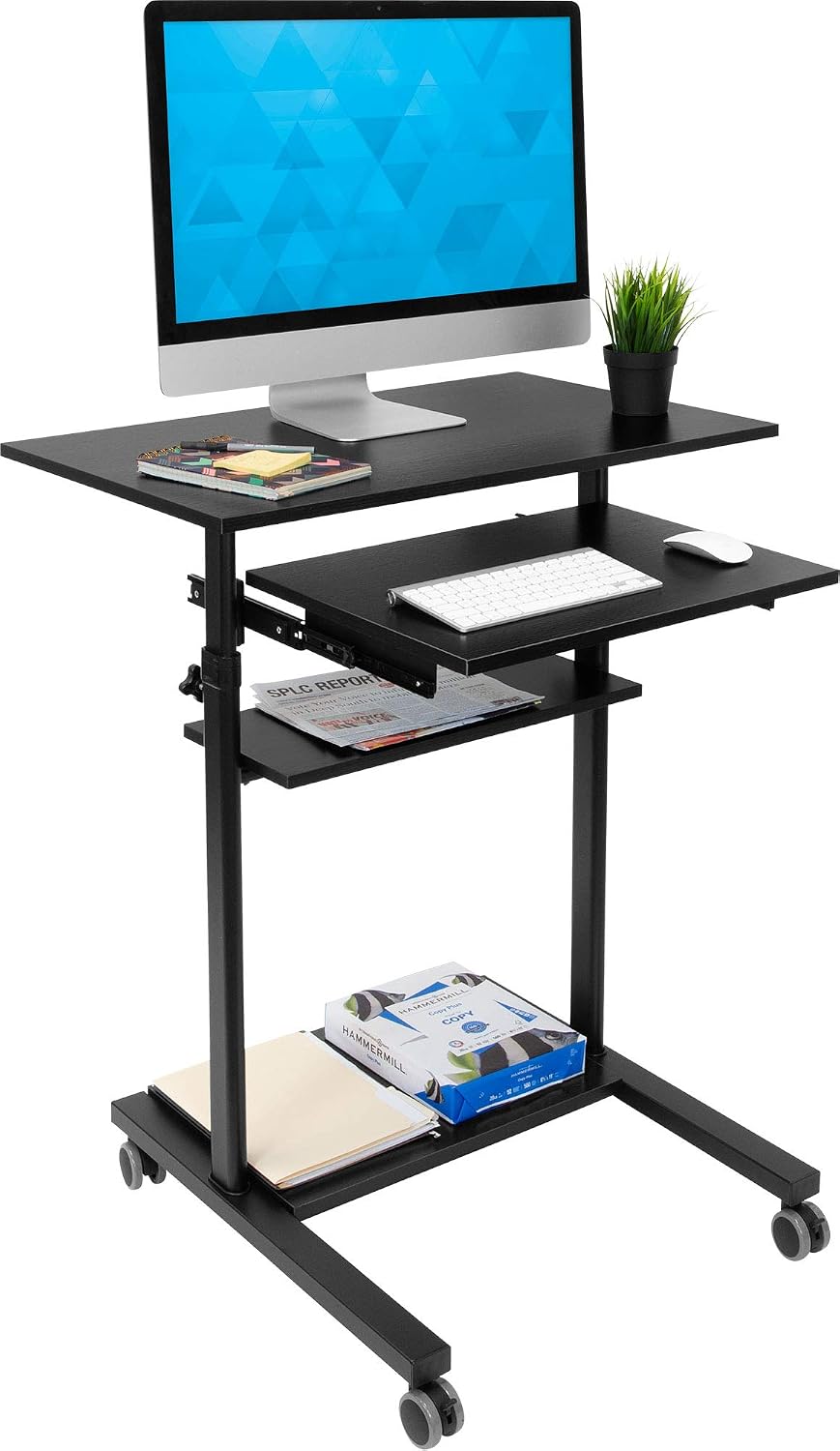 Mount-It! Black Rolling Standing Desk, Adjustable Height up to 54.7", Portable Laptop Podium Desk on Wheels, Mobile Computer Workstation with 4 Shelves 27.5" Wide, Cart for Home Office or Classroom