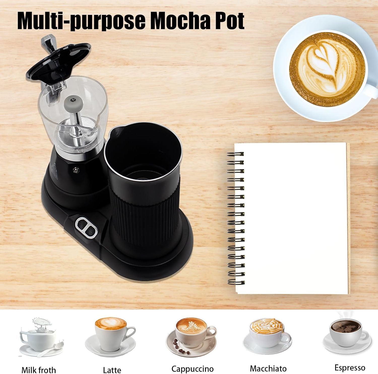 Espresso Maker with Milk Frother Electric Moka Pot 2-in-1 Espress Machine Aluminium One-Touch Operation Milk Froth Fine and Dense White 110V
