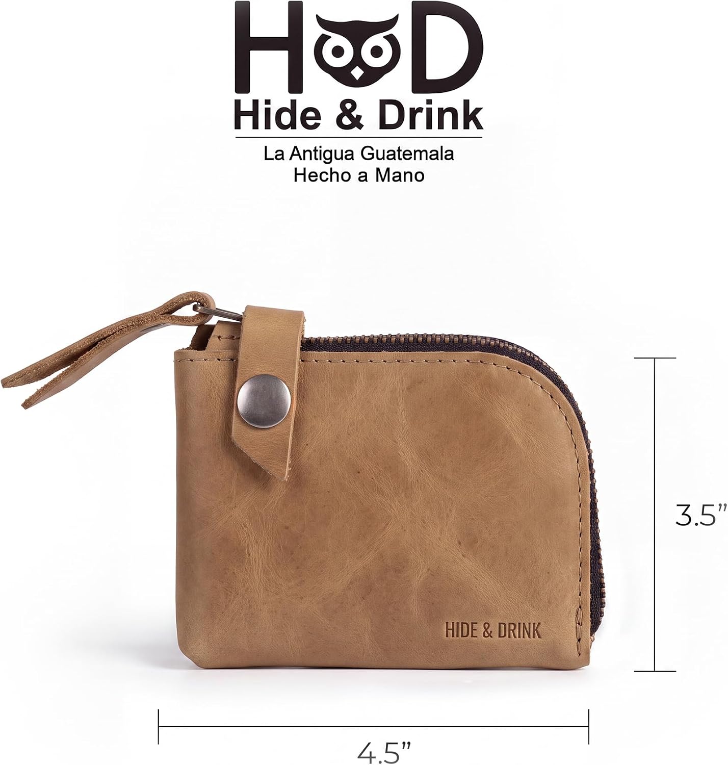 Hide & Drink, Leather Zippered Wallet, Holds Up to 6 Cards Plus Folded Bills, Pouch Organizer, Cash Holder, Travel Essentials, Mini, Pocket-Size, Handmade (Bourbon Brown)