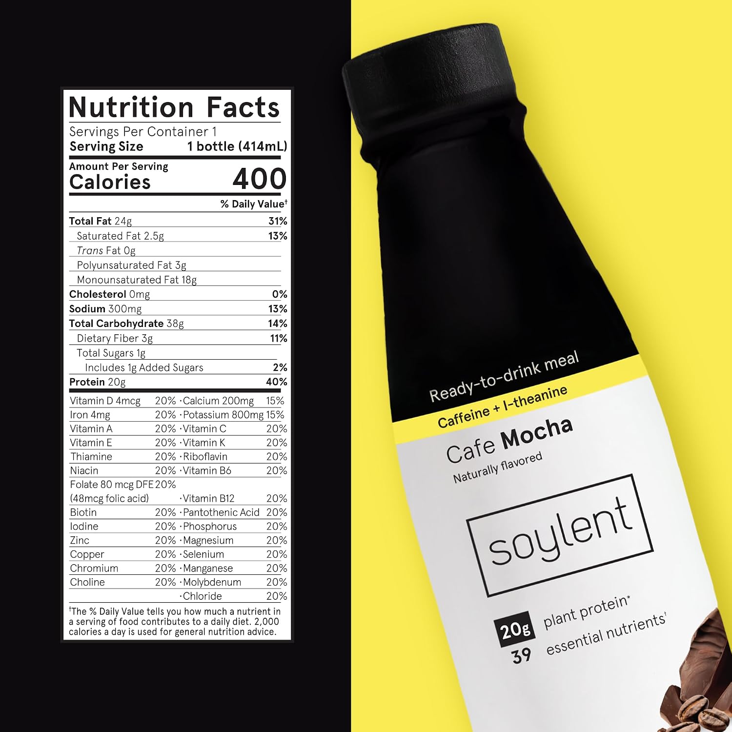 Soylent Creamy Chocolate Meal Replacement Shake, Ready-to-Drink Plant Based Protein Drink, Contains 20g Complete Vegan Protein and 1g Sugar, 14oz