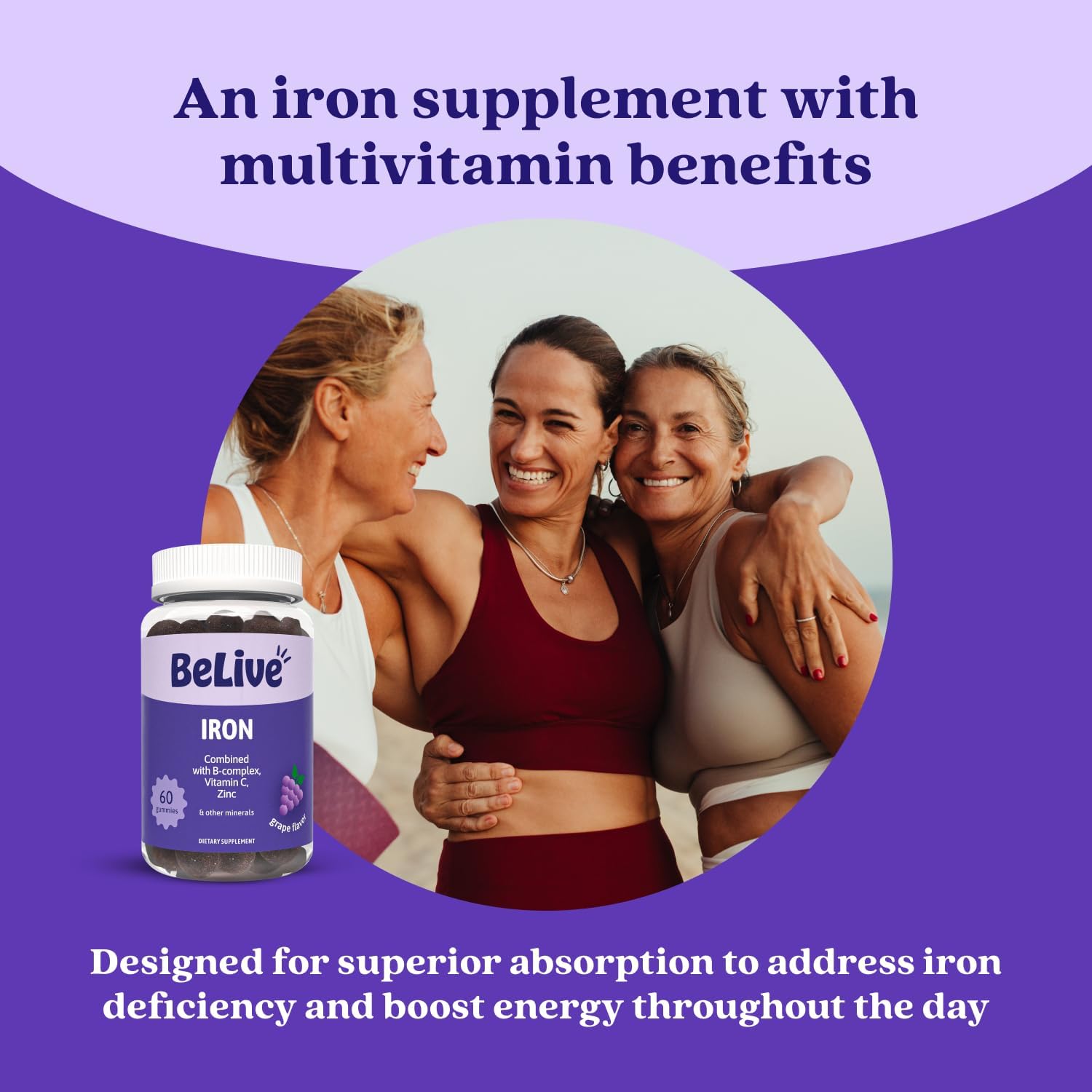 Belive Iron Gummies, Multivitamin Supplement, Blood Oxygen Support, 60 Ct | With Vitamin C, B Complex, Folate, and Zinc for Women, Men & Kids for Growth and Development, Grape Flavor