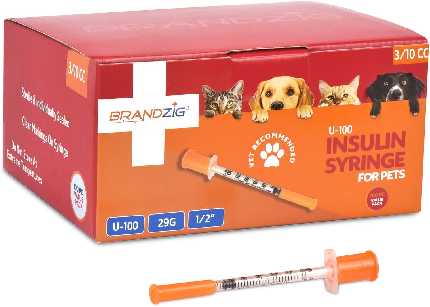 Brandzig U-100 Pet Insulin Syringes 29G 3/10cc, 1/2" 100-Pack
